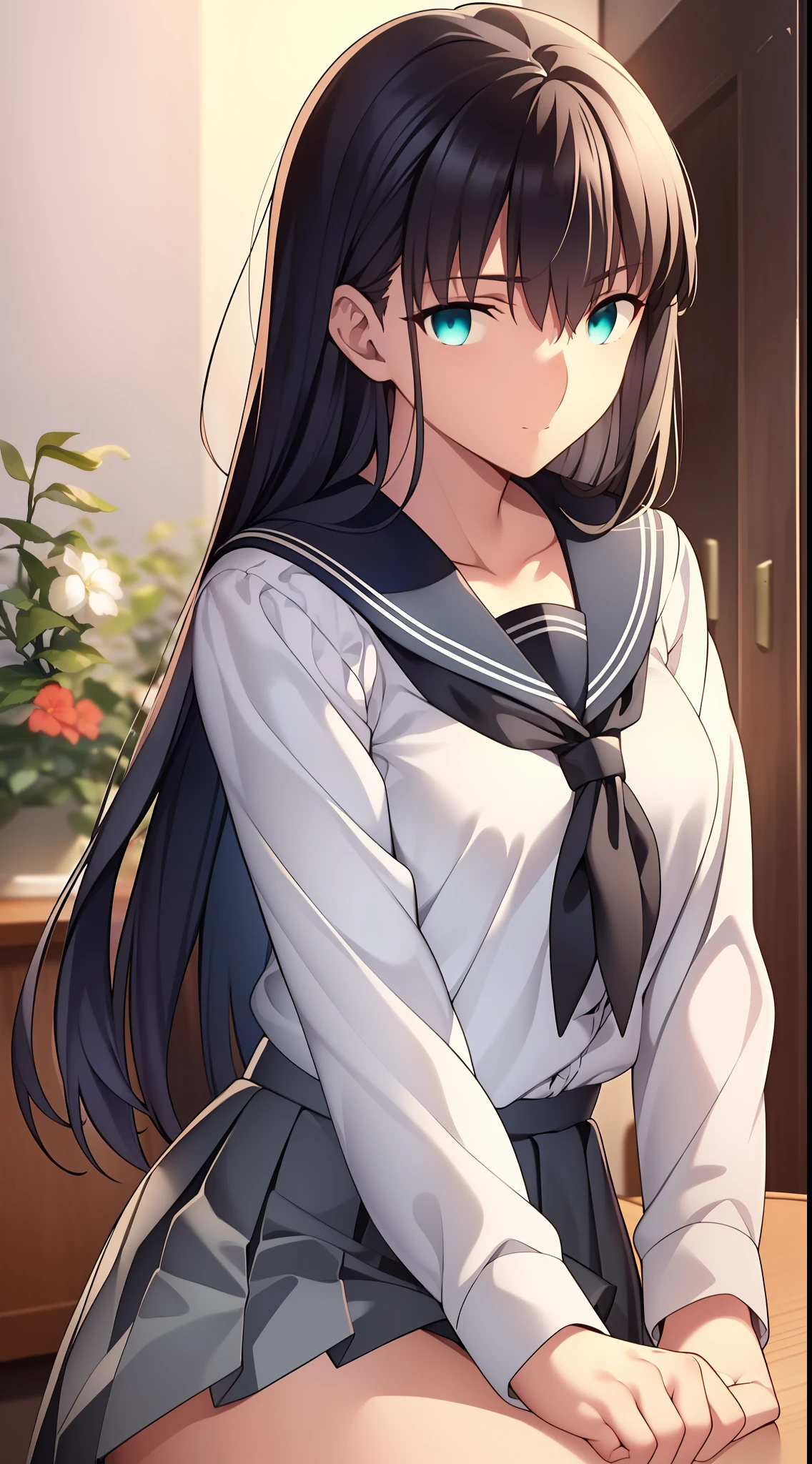 {{beautiful}}, amazing, (best quality:1.5), (masterpiece:1.5), extremely delicate and beautiful, intricate details, finely detailed, extremely detailed, beautifully detailed, ultra-detailed, (hyperdetailed:1.5), high resolution, (illustration), watercolor pencil, Clear line drawing, (ufotable style:1.1), (ufotable screen cap:1.1), anime coloring, anime screencap, (latest picture), backlighting, dynamic angle, glow, depth of field, {{body satisfaction}}, (body with a good balance of style:1.5), (slender figure:1.5), perfect body, perfect hands, perfect feet, (two arms:1.2), (two legs:1.2), (five fingers each:1.2), (perfect joint:1.2), perfect joint movement, beautiful detailed eyes, (detailed eyes:1.5), finely detailed eyes, perfect anatomy, full dissection, perfect composition, correct limbs, balance and coordination in all things, realistic:0.5, precise fingers and hands, (finely drawn hair:1.5), {{cool girl}}, (black hair:1.3), (semi-long hair:1.3), (straight hair:1.3), bangs, (cyan eyes:1.3), (medium breasts:1.3), (small-sized buttocks:1.3), {{1girl}}, (solo:1.2), looking at the viewer, smile, {{sitting}}, {{sailor suit}}, (sailor collar:1.5), (white long sleeved shirt:1.5), (dark gray pleated skirt:1.5), neckerchief,