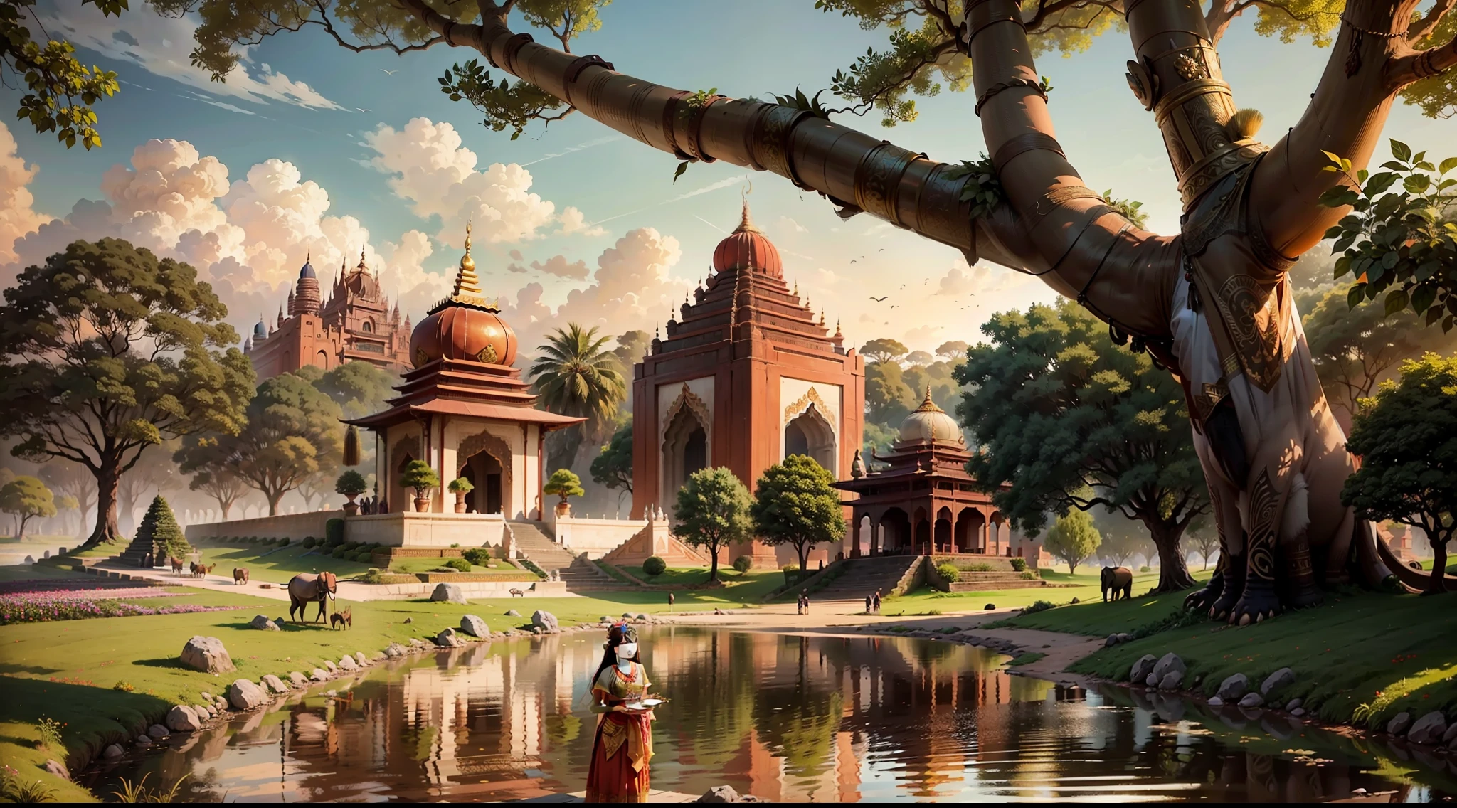 In a picturesque village surrounded by vibrant pagodas, majestic trees, and a serene river, an enchanting scene unfolds. The air is filled with the joyful laughter of children playing in the quaint streets, their innocent spirits intermingling with the timeless beauty of indian Bagan.Standing tall and emanating a regal aura is the Queen, positioned atop a mandir, gazing out towards the flowing river as the sun begins its descent. As the sky transforms into a breathtaking masterpiece, hues of blue and orange weave together, casting a mesmerizing glow over the entire landscape.A gentle breeze dances through the Queen's long brown hair, causing it to sway gracefully in tandem with nature. Adorned in a resplendent red cloak, she radiates elegance and power, a true embodiment of her noble status. Resting upon her head rests a golden crown, symbolizing her rightful place as the ruler of this magnificent realm.Amidst this captivating panorama, nature's inhabitants also partake in the tranquility. In the distance, elephants and horses roam freely, their majestic presence further enhancing the grandeur of the scene. They graze upon the lush, green grass, forming a harmonious connection with the land. The mandir themselves stand as proud guardians of india's rich history and culture. Elaborate carvings and intricate decorations adorn their surfaces, showcasing the artistic skill and craftsmanship of generations past. These architectural wonders serve as a testament to the legacy left behind by those who revered this land and its traditions.As the sun's final rays cast a warm, golden glow, the Queen breathes in the stillness of this idyllic moment. Surrounded by the beauty of nature and the rich heritage of her people, she feels a profound sense of belonging. In this extraordinary setting, she stands as both a guardian and custodian of the timeless splendor that is india's Bagan.