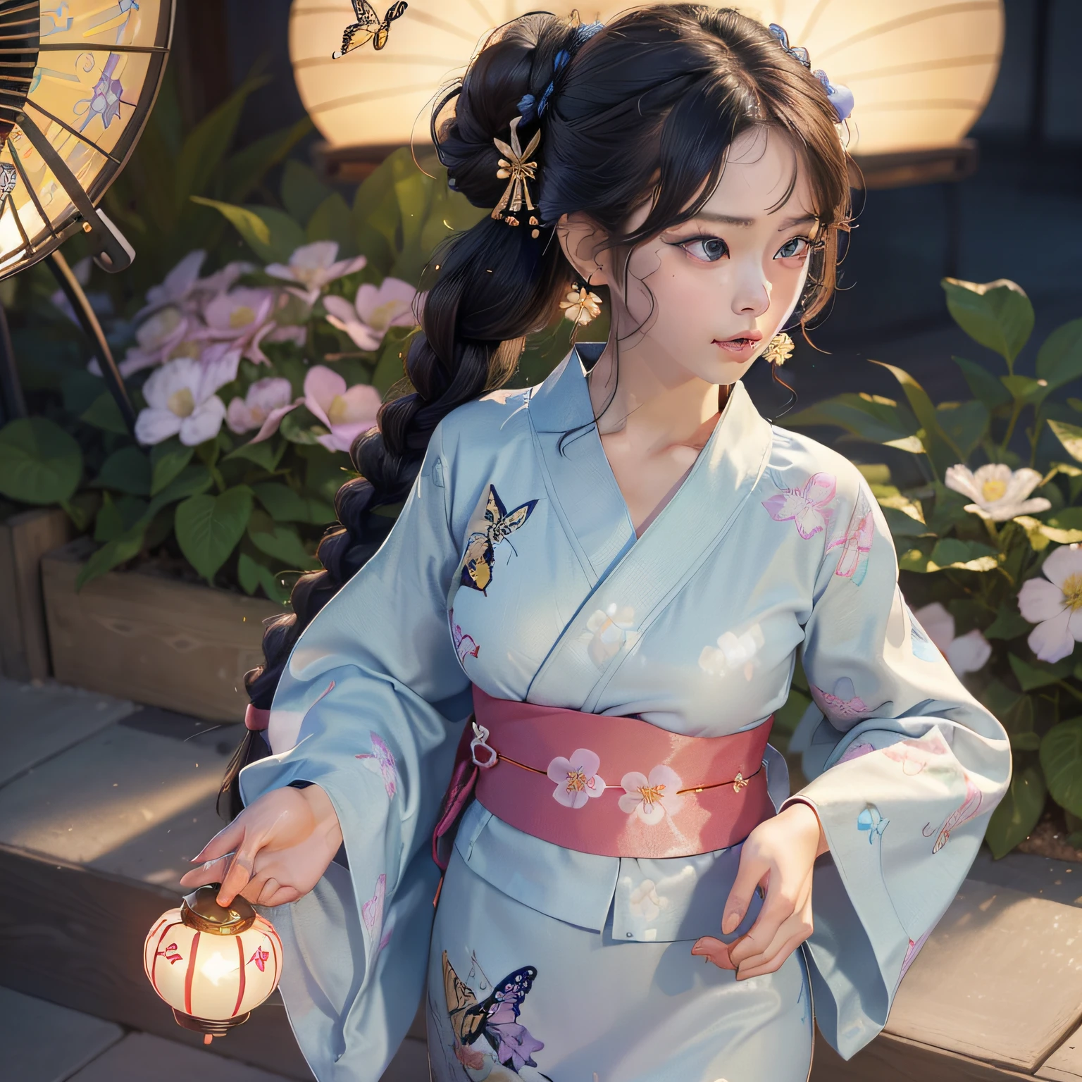 1girl with, ((masterpiece、top-quality、ultra-definition、hight resolution))、4K picture quality、((Beautuful Women))、22year old、wetted skin、radiant eyes、perfect eyes、(Beautiful Nordic sisters)、the beach,Background crowd、((Curly hair in braids、Bun1))、((facial close-up))、(((Wearing a bell sleeve yukata)))、((The pattern of the yukata is、They range from fancy floral patterns to swallowtail butterflies..))、((Use primary colors for yukata colors))、((Wearing an electric fan))、Thin laughter with mouth closed、Looking at this、masterpiece、top-quality、ultra-definition、hight resolution))、4K picture quality、Light gray lighting、
