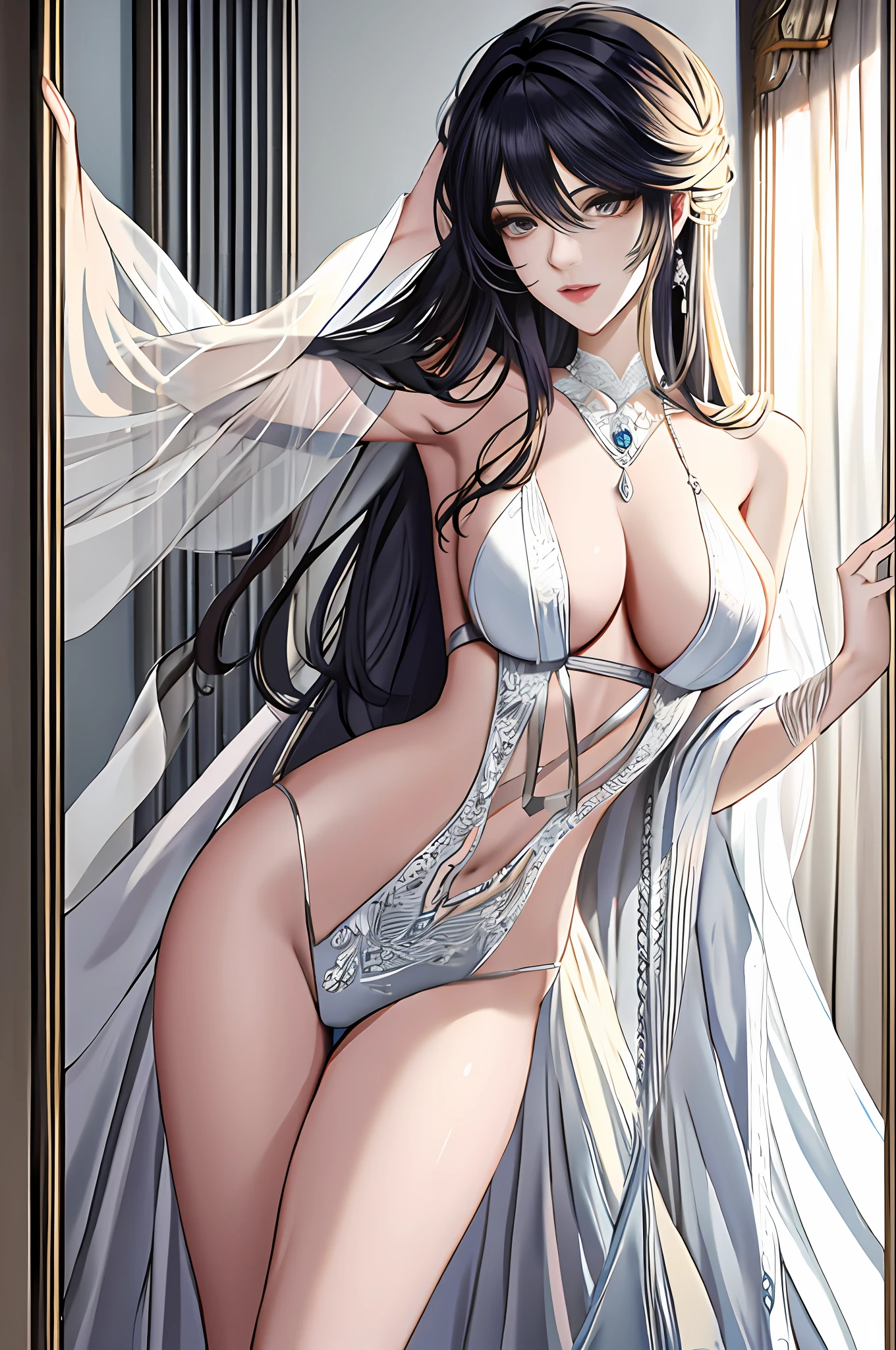 tmasterpiece,best qualtiy,(Very detailed CG unity 8K wallpaper)(best qualtiy),(Most Best Illustration),(Best shadow)1womanl,Wear sexy robes,fully body pose,(Large breasts),Light and shadow tracking,ultra-detailliert ,bold lineart, clean lineart, Simple lines of art, intense line art, lineart behance hd --v6