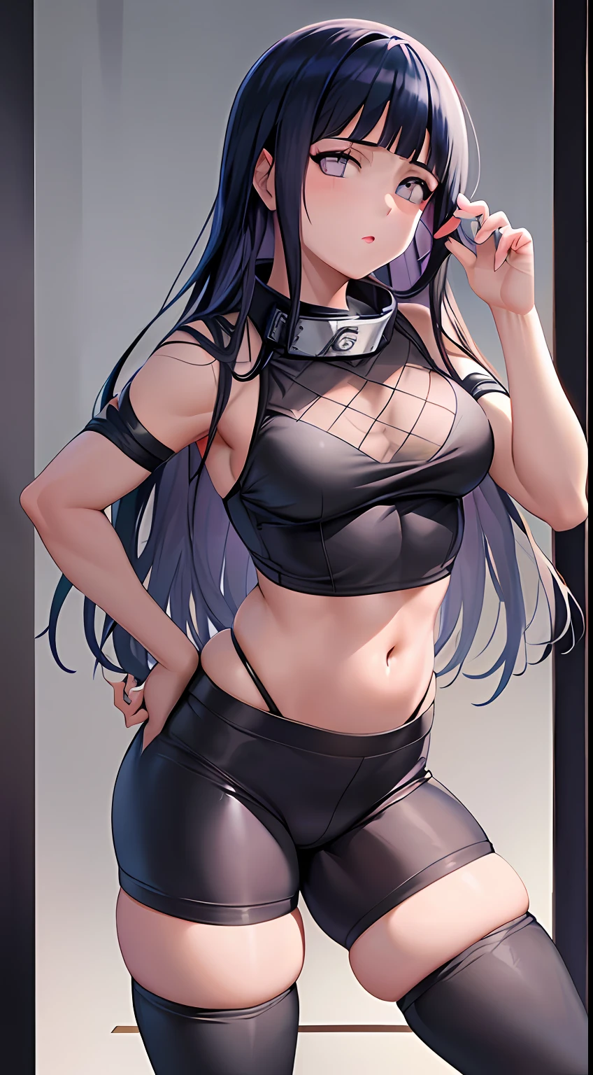obra-prima, hinata\(boruto\), obra-prima, alto, alta qualidade, rosto detalhado, render corpo detalhado, 1girl, sozinho, hyuuga hinata, hinata-sleevless-outfit, middlebreasts, Small thorax, quadril largo, coxas grossas, top, barriga de fora, top, tampo da rede de pesca, Dark lips, no-bra, seios para fora, Dope, pernas grossas, standingn, de costas, Blushes, (no quarto), tight black legging pants