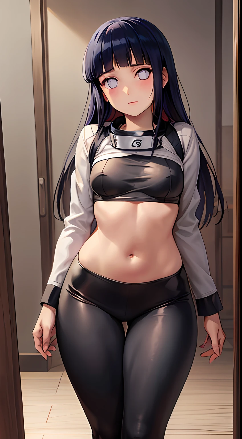 obra-prima, hinata\(boruto\), obra-prima, alto, alta qualidade, rosto detalhado, render corpo detalhado, 1girl, sozinho, hyuuga hinata, hinata-sleevless-outfit, middlebreasts, Small thorax, quadril largo, coxas grossas, top, barriga de fora, top, tampo da rede de pesca, Dark lips, no-bra, seios para fora, Dope, pernas grossas, standingn, de costas, Blushes, (no quarto), tight black legging pants