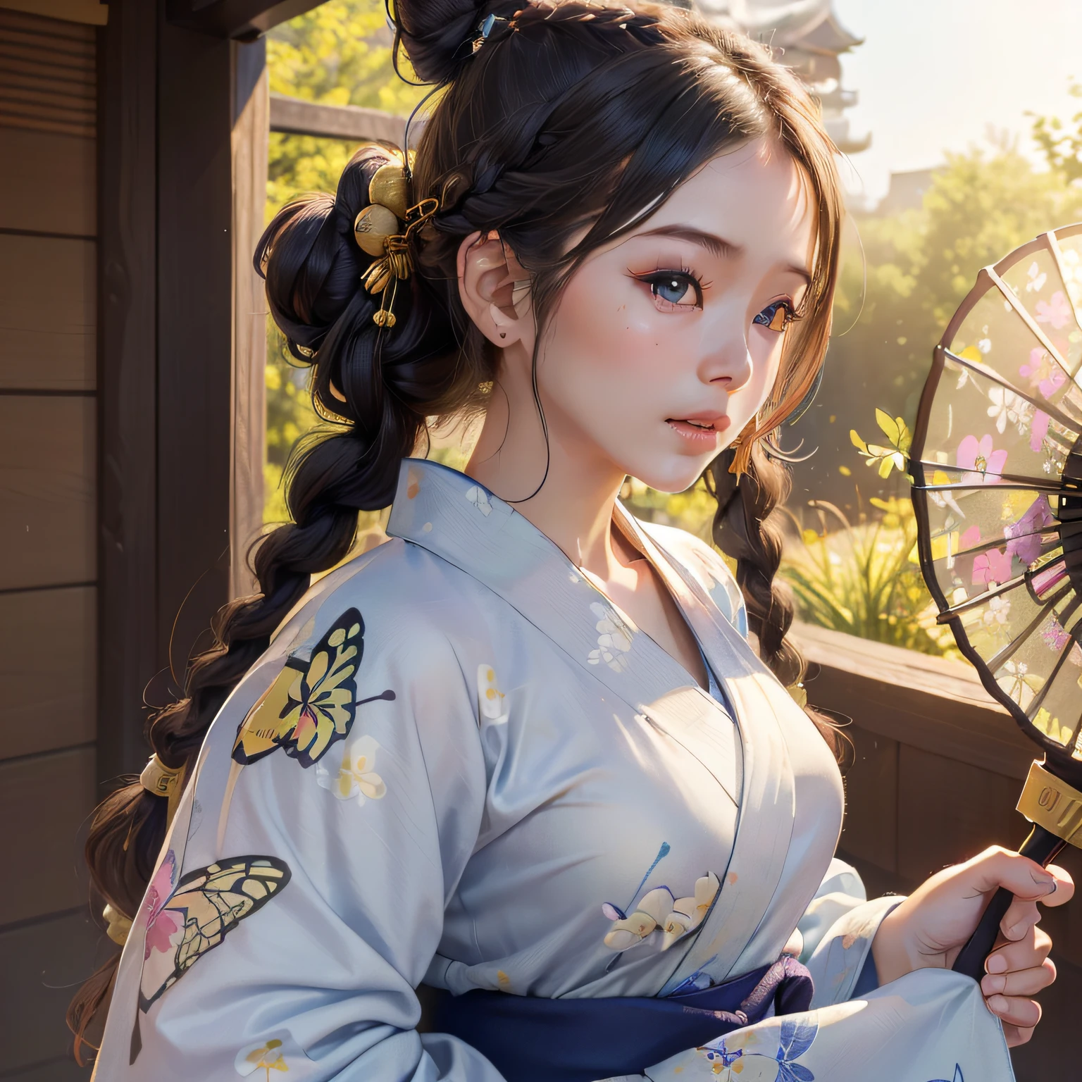 1girl with, ((masterpiece、top-quality、ultra-definition、hight resolution))、4K picture quality、((Beautuful Women))、22year old、wetted skin、radiant eyes、perfect eyes、(Beautiful Nordic sisters)、the beach,Background crowd、((Curly hair in braids、Bun1))、((facial close-up))、(((Wearing a bell sleeve yukata)))、((The pattern of the yukata is、They range from fancy floral patterns to swallowtail butterflies..))、((Use primary colors for yukata colors))、((Wearing an electric fan))、Thin laughter with mouth closed、Looking at this、masterpiece、top-quality、ultra-definition、hight resolution))、4K picture quality、Light gray lighting、