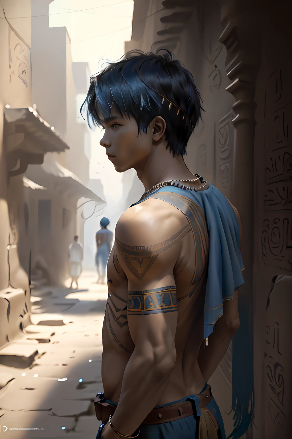 has  blue hair, The 14-year-old y wstrai hair with his back uncovered and his chest bare but dressed in typical clothes of ancient Egypt with dark skin walking lost through the different streets of a city is noon. doferentes angulos mira la ciudad desde lo slto de una colina.