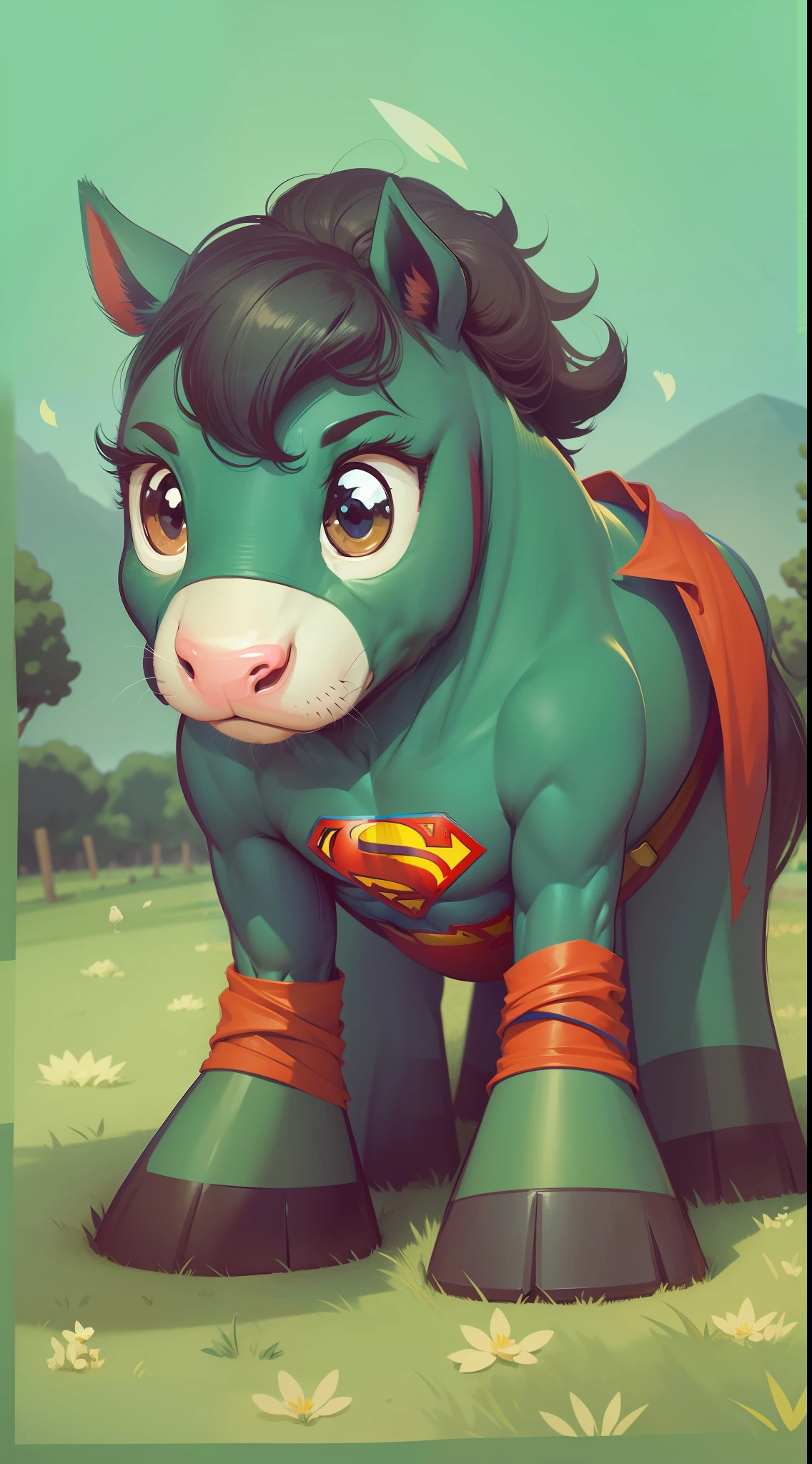 cartoon superman horse standing on grass background, hd illustration, cute single animal, superman pony facing away, superman horse is up on it's hindlegs, anthropomorphic superman horse, superman horse is up on its hind legs, cute superman cartoon character, superman horse laying down, beautiful high resolution, superman pony, superman horse, high quality illustration, cute superman  animal, pet superman animal, cartoon illustration, cute cartoon
