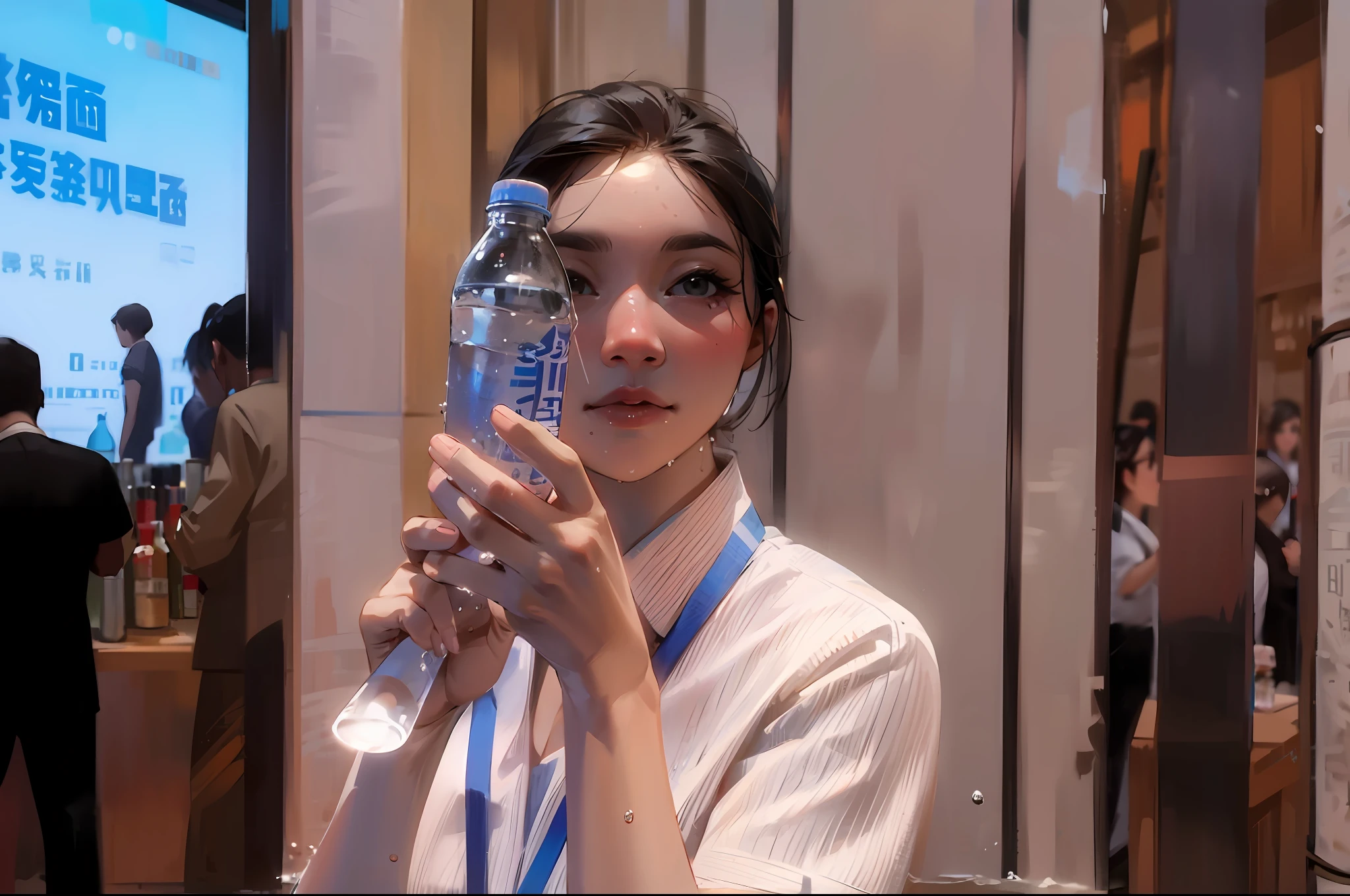 There was a woman holding a water bottle in her hand, holding a bottle, full body potrait holding bottle, peacefully drinking river water, wenfei ye, water, holding a bottle of arak, Very thirsty, made purely out of water, water in background, xintong chen, cindy avelino, drink, Made of water, Bottle, year 2447