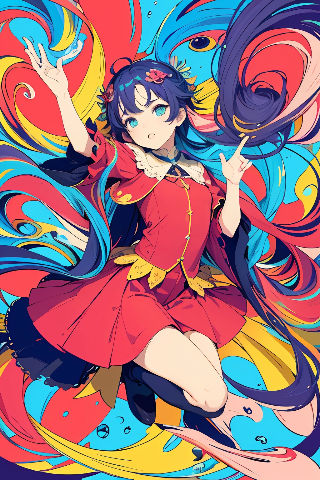 (masterpiece, best quality:1.3), (flat color:1.3),(colorful:1.3),looking at viewer,1girl,solo,floating colorful water,(2D:1.3)