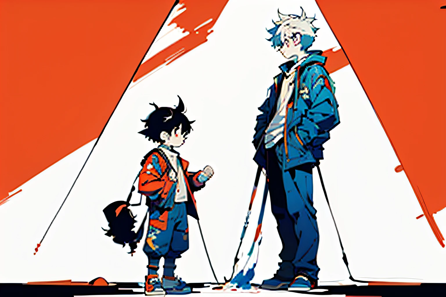 Painting of a man and a child standing together, author:Middle Bokuhn, clean lineart, Simple lines of art, Line sketch!!, Line sketch, Line art!!, Line Art - N 9, thick lineart, author:New Art, clean anime outlines, Simple line art, thin line art, variable lineart
