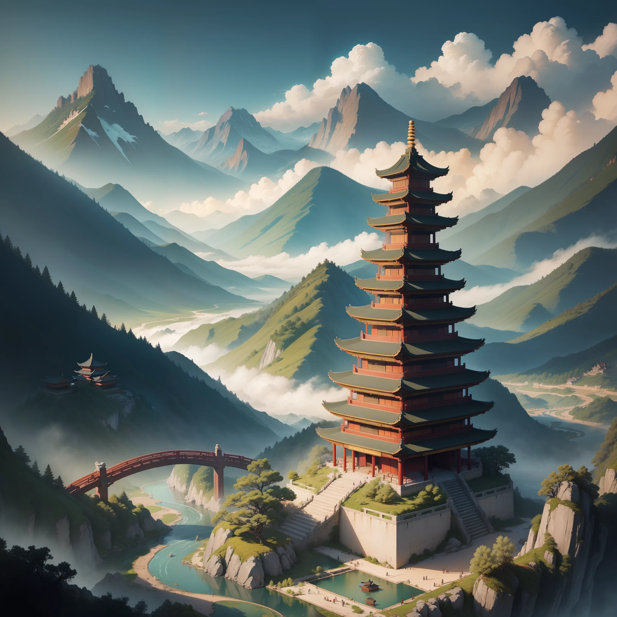 An ancient Chinese painting, ancient Chinese background, mountains, rivers, auspicious clouds, pavilions, sunshine, masterpieces, super detail, epic composition, ultra HD, high quality, extremely detailed, official art, unified 8k wallpaper, Super detail, 32k -- v 6