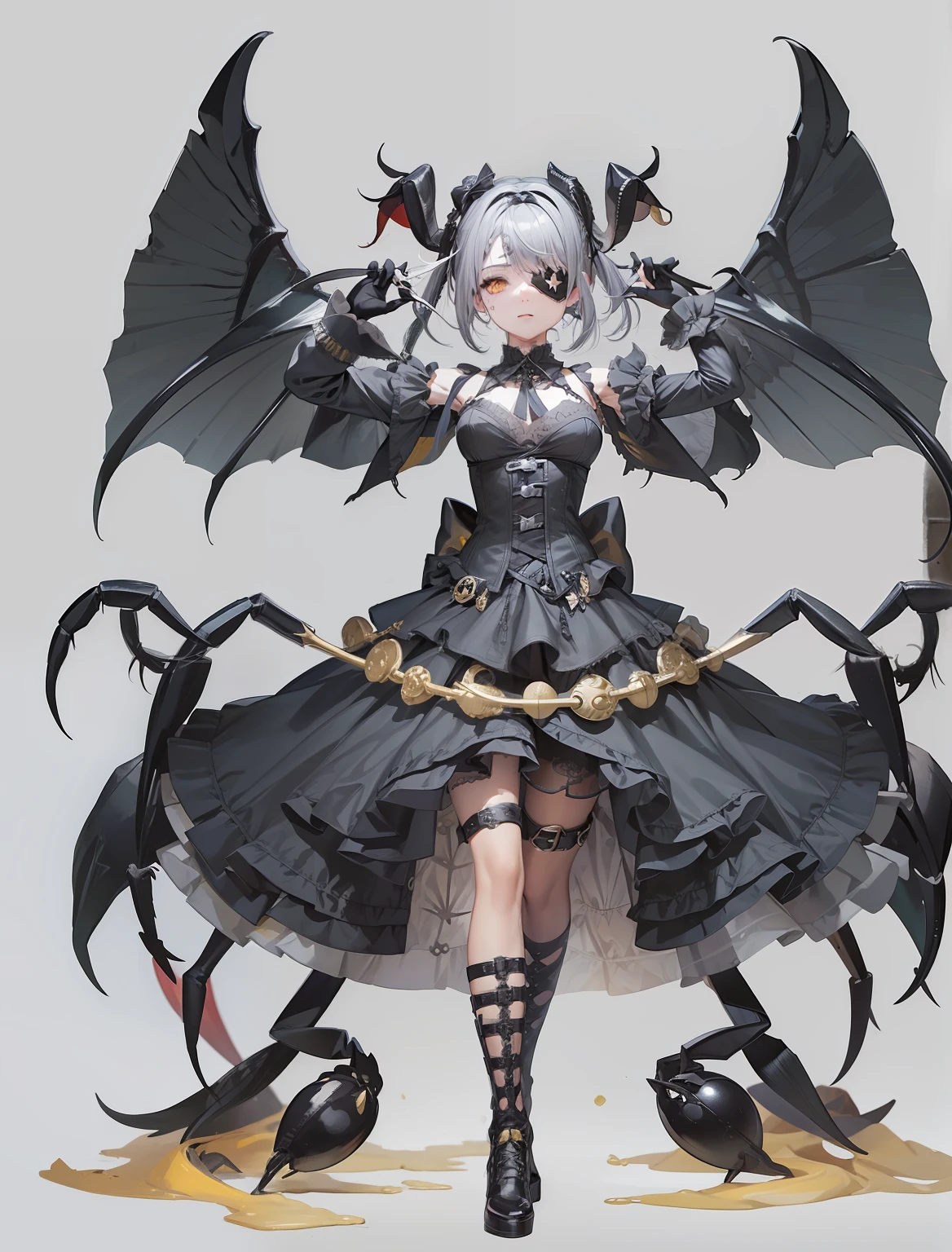 ((Beautiful girl with a scorpion tail)).  She wears a gothic ta dress with black as its base color. Her right hand changes into black crab scissors. She has gray hair and a yellow sphere hair ornament. Yellow eyes. Three pairs of hard wings from her back. Eyepatch with skull mark. Gothic parasol. Mucus dripping from her skirt. A maggot on her skirt.