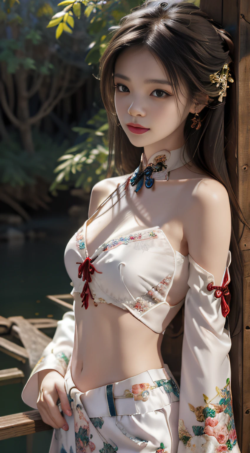 Official Art, Unified 8K Wallpapers, Ultra Detailed, Beautiful and Aesthetic, Masterpiece, Best Quality, (Zentangle, Tangle, Entangle), (fractal art: 1.4), (character center: 1.3), 1girl, black hair, Chinese, off-the-shoulder, short skirt, calf, navel, very detailed, dynamic angle, cowboyshot, (most beautiful form chaos), flowing, (bright colors), oc, (medium breasts), Chinese costume pajamas transparent