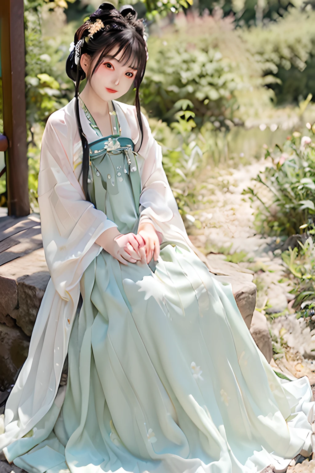 (4K, Best quality), (Realistic, photo-realistic), Perfect hand,Cute, dated, (nose blush), (Closed mouth) Small breasts, Beautiful detailed eyes,1 girl in Tang style,(Tang style,Hanfu,full bodyesbian:1.2) ,