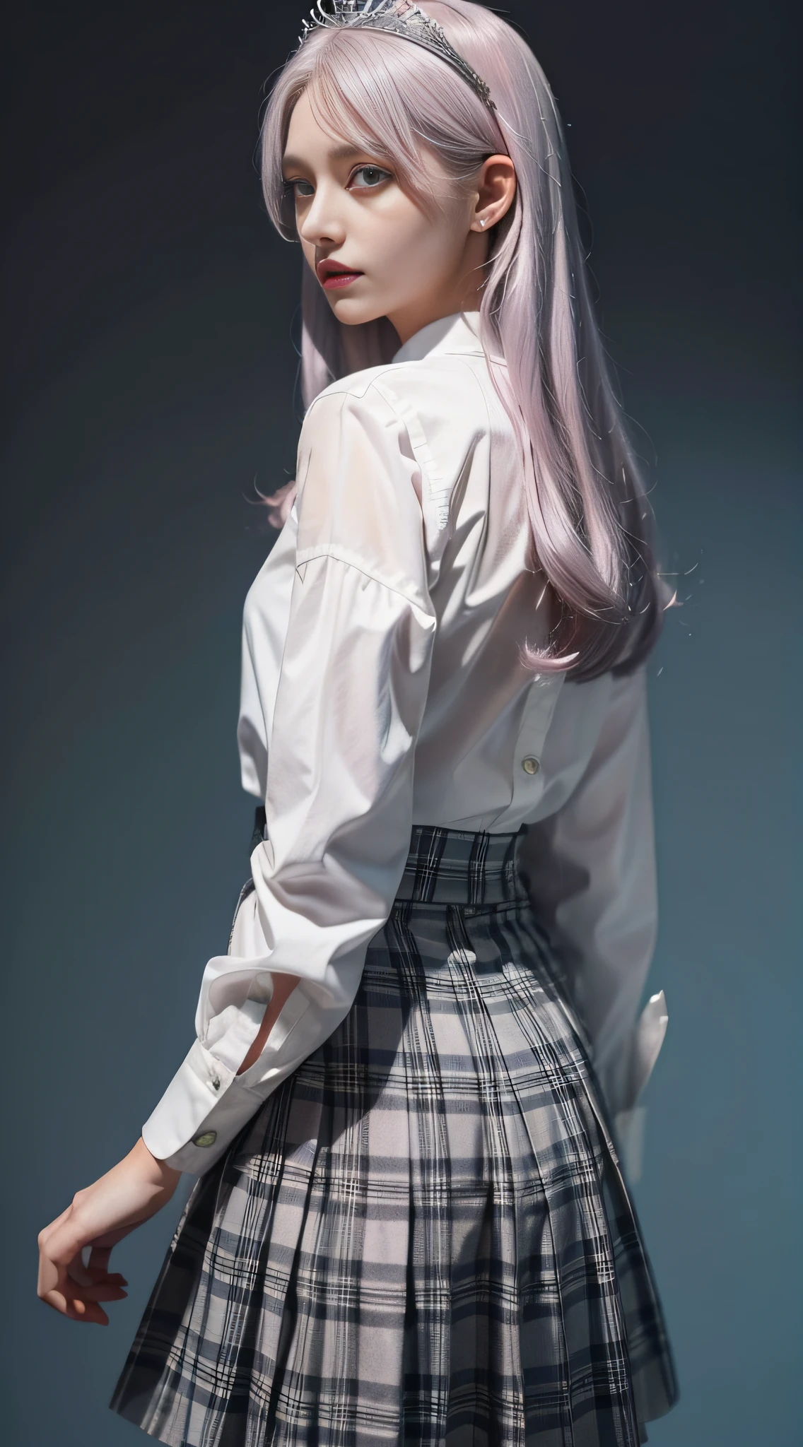 1girll, (Masterpiece:1.1), (Best quality:1.1), (White blouse:1.1), (checkered skirt:1.1), school uniform, high waisted skirt, Break [Blue:Pink:0.5] Theme, (Gradient background:1.1), Cowboy shot, Break Silver Hair, Long hair, , Green eyes, intricate detailed tiara, Looks to the side,