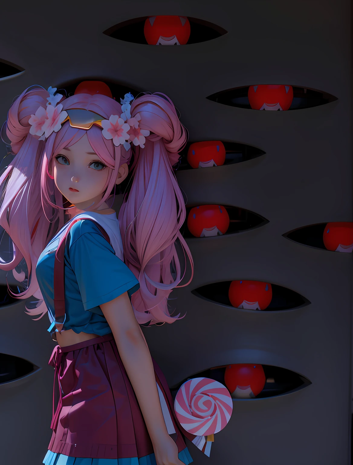 there is a woman with pink hair and a lollipop in her hand, realistis styled 3d, artwork in the style of guweiz, render of a cute 3d anime girl, pink twintail hair and cyan eyes, realistic anime 3 d style, stylized anime, realistis style. 8k, photorealistic anime girl render, anime style mixed with fujifilm and beautiful face