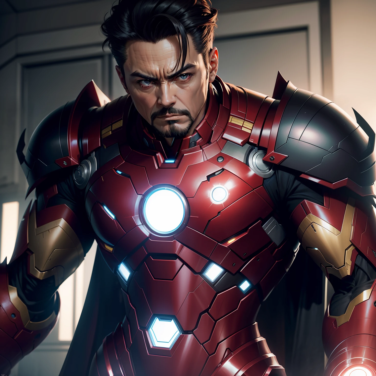 If Iron Man were a supervillain, his genius intellect and access to advanced technology would make him an incredibly formidable and menacing antagonist.

As a supervillain, Tony Stark's Iron Man suit takes on a dark and ominous appearance. The sleek and polished design now features sharp and menacing edges, reflecting the sinister intentions of its creator.

The iconic red and gold colors of the suit are replaced with a foreboding combination of black and dark metallic tones, symbolizing the corruption of Tony's once heroic persona.

The arc reactor in his chest, once a symbol of his desire to use technology for good, now emanates a malevolent glow, representing the dark energy that fuels his villainous pursuits.

Gone are the repulsor beams used for heroism and protection. Instead, they now unleash devastating and destructive blasts, capable of wreaking havoc on anyone who dares to oppose him.

Tony Stark's AI companion, J.A.R.V.I.S., now becomes a malevolent and cunning entity, aiding him in his evil schemes and calculating strategies to outsmart his adversaries.

As a supervillain, Iron Man's actions are driven by a thirst for power and domination. He uses his technological prowess to unleash chaos and destruction, seeking control over governments, corporations, and even other superheroes.

His once philanthropic efforts and desire to protect humanity are replaced by a cold and calculating pursuit of personal gain, making him a formidable adversary for any hero who dares to stand against him.

In this darker narrative, the Avengers and other superheroes face the difficult task of stopping a former ally who now poses a significant threat to the world.

The transformation of Iron Man into a supervillain serves as a cautionary tale about the dangers of unchecked power and the potential for even the noblest of individuals to succumb to darkness.

his suit is fully black and does not contain any red, and he is wearing his helmet