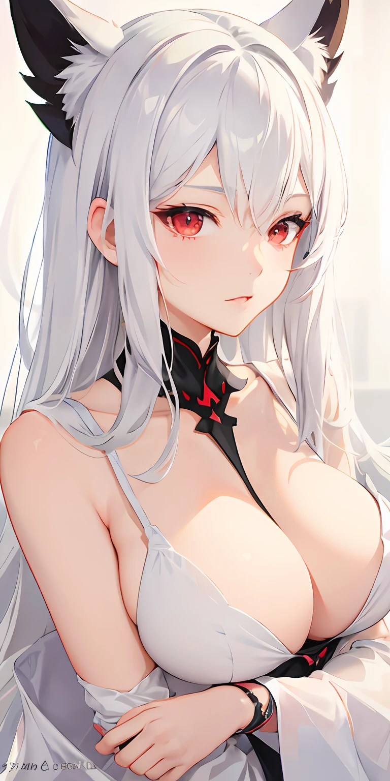 White hair, red eyes, animal ears, big breasts, naked little loli