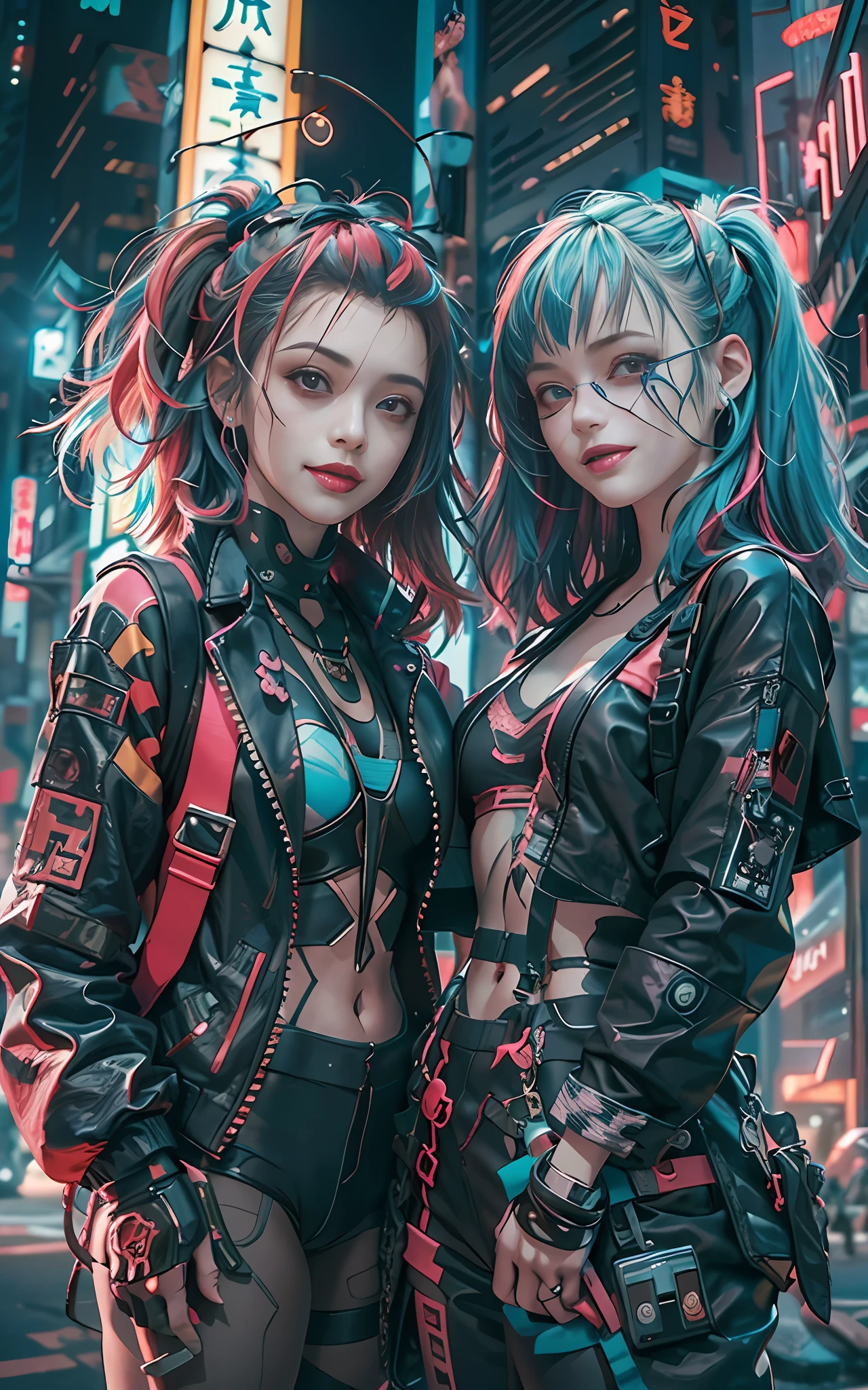 masterpiece, best quality, 2 ((smiling)) cyberpunk girls standing together, Harajuku-inspired cyberpunk body harness, bold colors and patterns, eye-catching accessories, trendy and innovative hairstyle, dazzling Cyberpunk cityscape, skyscrapers, neon signs, LED lights, bright and vivid color scheme, anime, illustration, detailed skin texture, detailed cloth texture, beautiful detailed face, intricate details, ultra detailed, cinematic lighting, dark shadows.