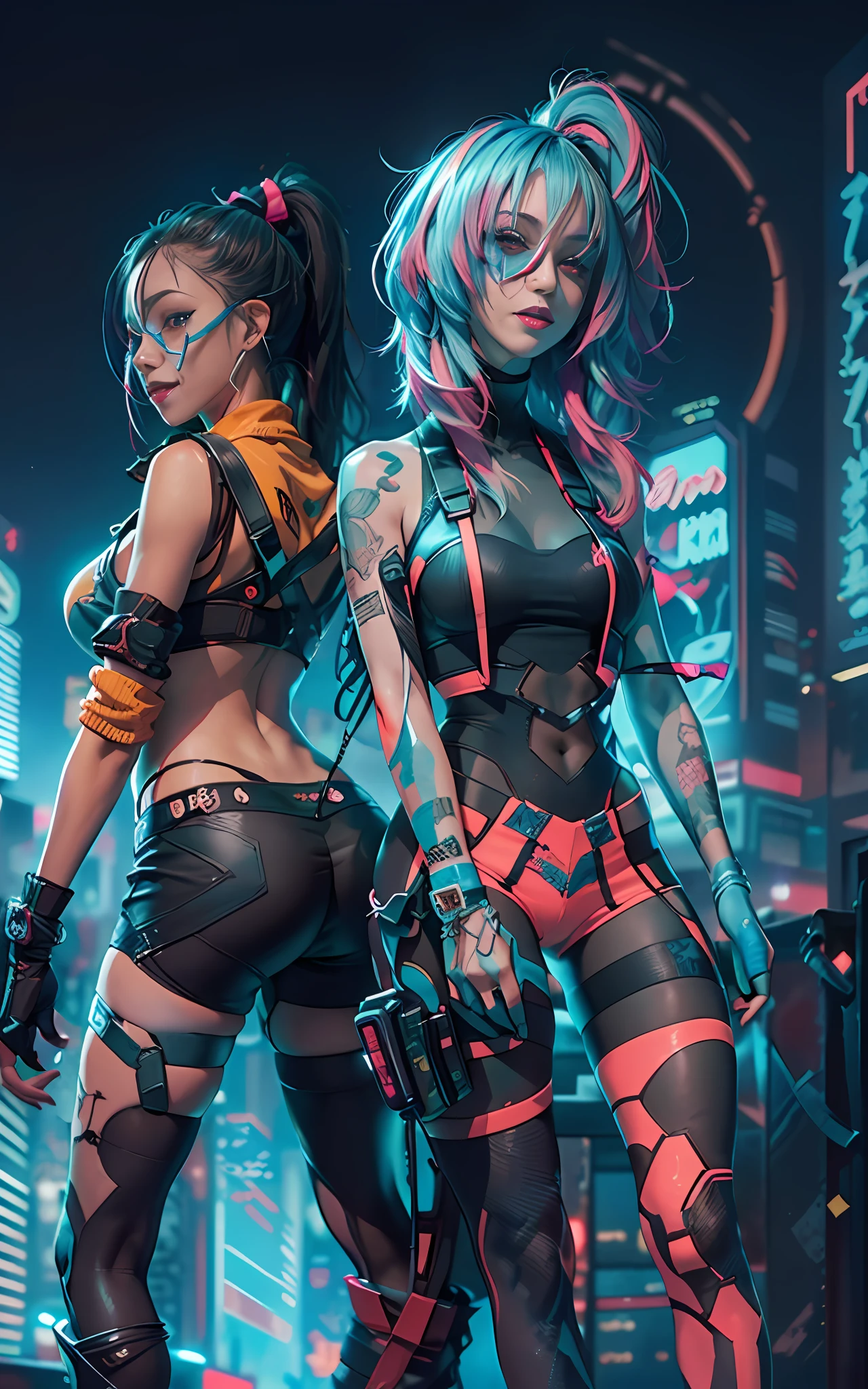 masterpiece, best quality, 2 ((smiling)) cyberpunk girls standing together, Harajuku-inspired cyberpunk body harness, bold colors and patterns, eye-catching accessories, trendy and innovative hairstyle, dazzling Cyberpunk cityscape, skyscrapers, neon signs, LED lights, bright and vivid color scheme, anime, illustration, detailed skin texture, detailed cloth texture, beautiful detailed face, intricate details, ultra detailed, cinematic lighting, dark shadows.