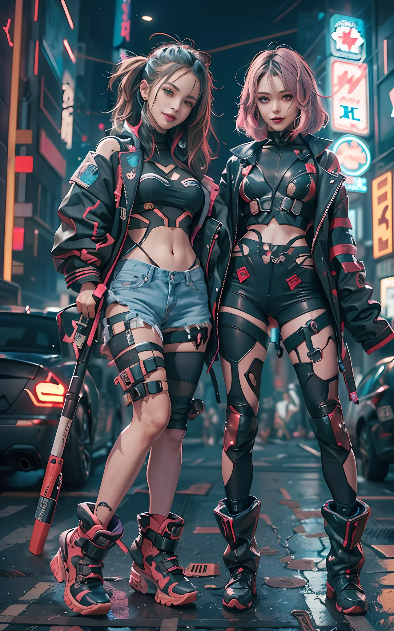 masterpiece, best quality, 2 ((smiling)) cyberpunk girls standing together, Harajuku-inspired cyberpunk body harness, bold colors and patterns, eye-catching accessories, trendy and innovative hairstyle, dazzling Cyberpunk cityscape, skyscrapers, neon signs, LED lights, bright and vivid color scheme, anime, illustration, detailed skin texture, detailed cloth texture, beautiful detailed face, intricate details, ultra detailed, cinematic lighting, dark shadows.