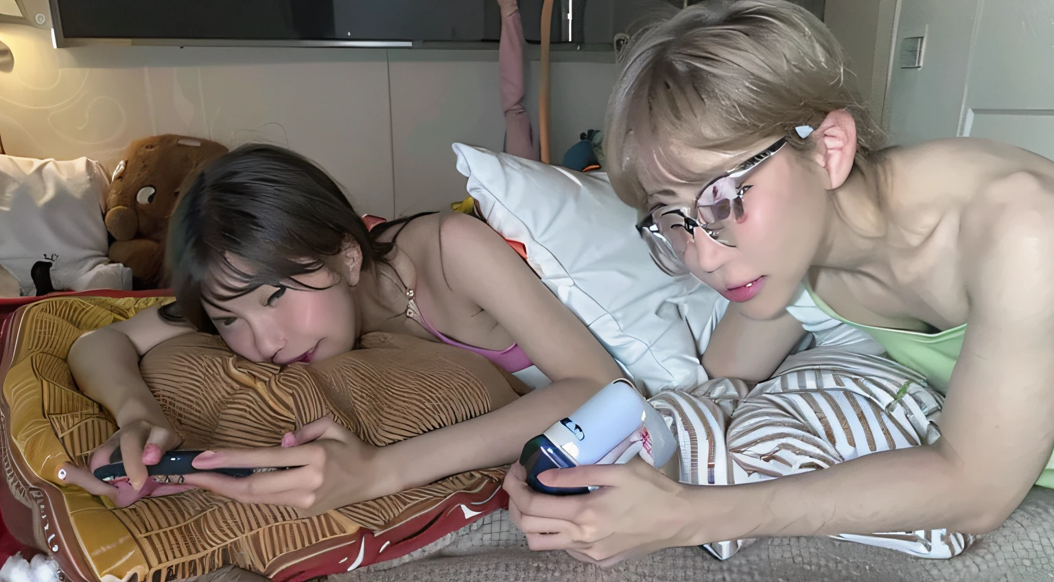 Two men sitting on the bed looking at their phones, leaked photo, Playing games, they are very serious, bottom angles, twins playing video games, leaked image, 3am, 3 am, Leaked, yiqiang and shurakrgt, Ruan Jia and Fenghua Zhong, Playing, reddit post