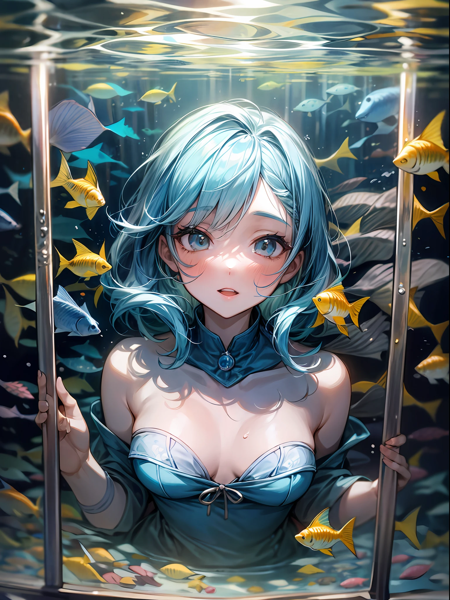 (mature:1.8)1girll,blue hair,Lie at the bottom of the sea,full bodyesbian,Surrounded by fish,colorful fish