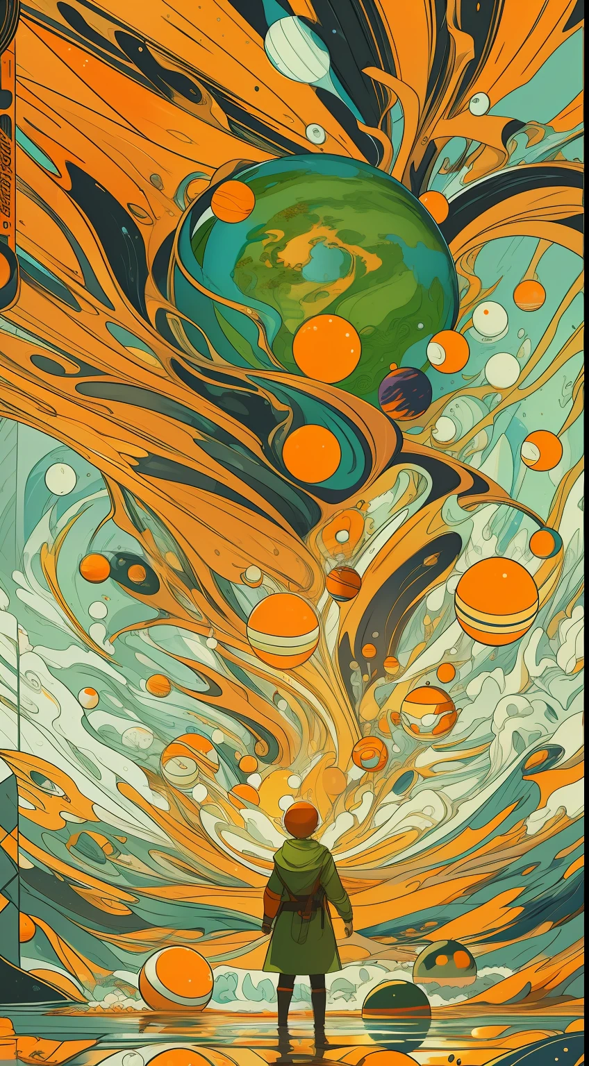 tmasterpiece，Best quality at best，highers，A spherical elf，Next to you is the exploding planet of oranges，Below is a river of orange juice flowing water，bold graphic shapes，Modern design illustration，orange colors，Cinematic light and shadow，Best Picture Quality，4k