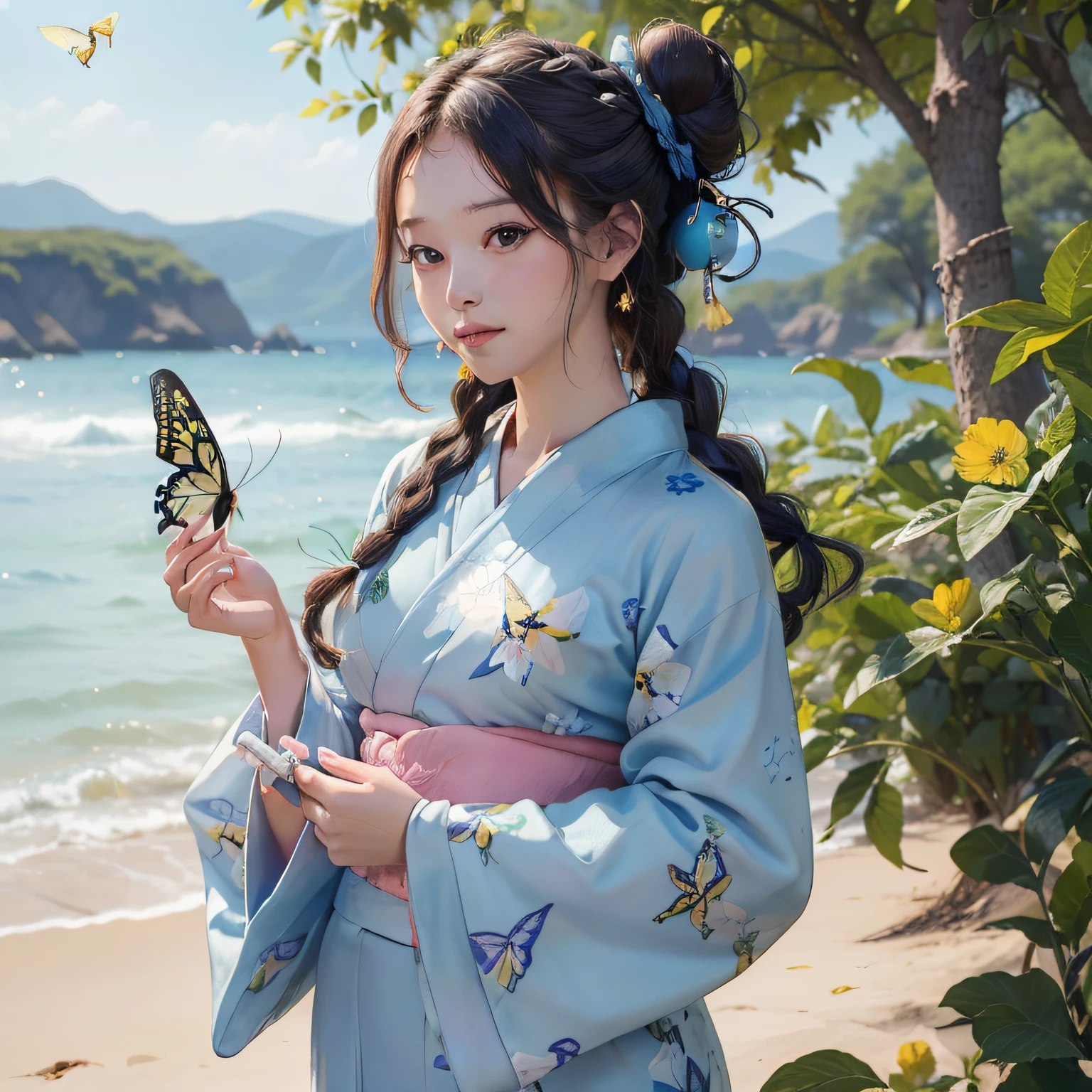 １girl with, ((​masterpiece、top-quality、ultra-definition、hight resolution))、4K picture quality、((Beautuful Women))、22year old、wetted skin、radiant eyes、perfect  eyes、(Beautiful Nordic sisters)、the beach,Background crowd、((Curly hair in braids、Bun１))、((facial close-up))、(((Wearing a bell sleeve yukata)))、((Yukata patterns range from fancy floral patterns to swallowtail butterflies..))、((Use primary colors for yukata colors))、((Wearing a fan))、Thin laughter with mouth closed、Looking at this、​masterpiece、top-quality、ultra-definition、hight resolution))、4K picture quality、