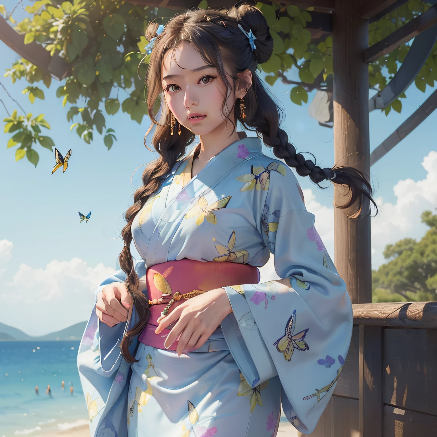 1girl with, ((masterpiece、top-quality、ultra-definition、hight resolution))、4K picture quality、((Beautuful Women))、22year old、wetted skin、radiant eyes、perfect eyes、(Beautiful Nordic sisters)、the beach,Background crowd、((Curly hair in braids、Bun1))、((facial close-up))、(((Wearing a bell sleeve yukata)))、((Yukata patterns range from fancy floral patterns to swallowtail butterflies..))、((Use primary colors for yukata colors))、((Wearing a fan))、Thin laughter with mouth closed、Looking at this、masterpiece、top-quality、ultra-definition、hight resolution))、4K picture quality、