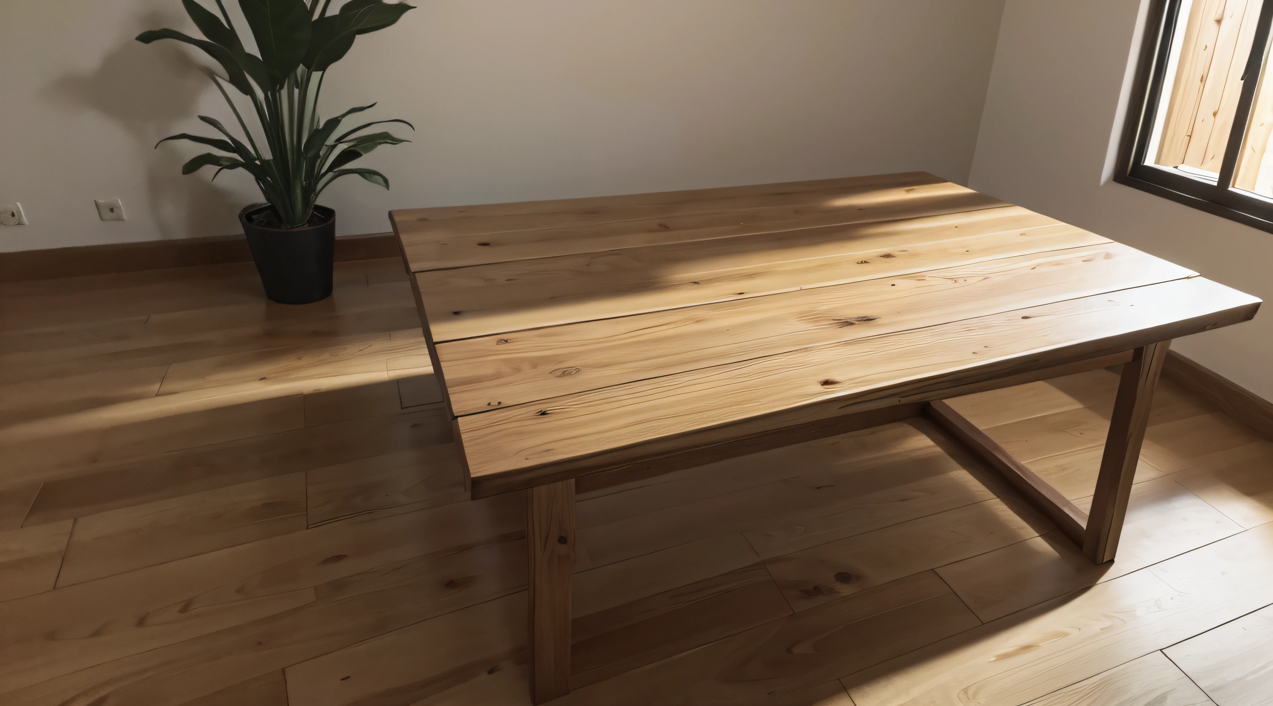 una mesa de madera de pino para dos, plano picado, dos sillas. luz diurna