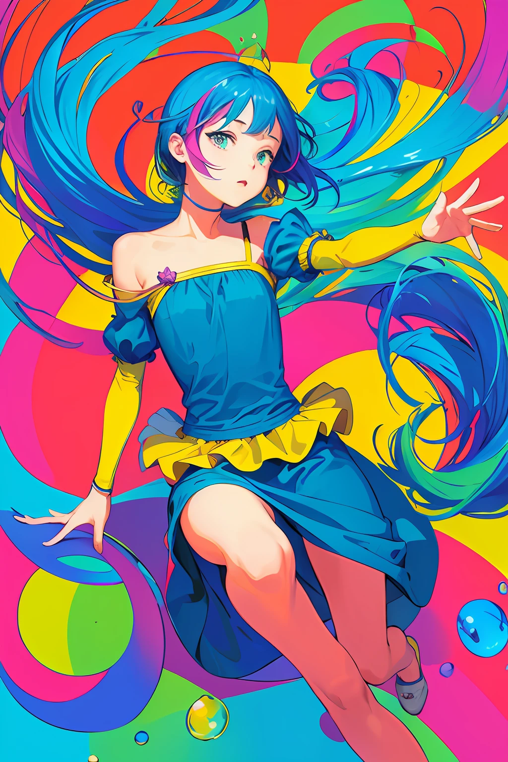 (masterpiece, best quality:1.3), (flat color:1.3),(colorful:1.3),looking at viewer,1girl,solo,floating colorful water,(2D:1.3)
