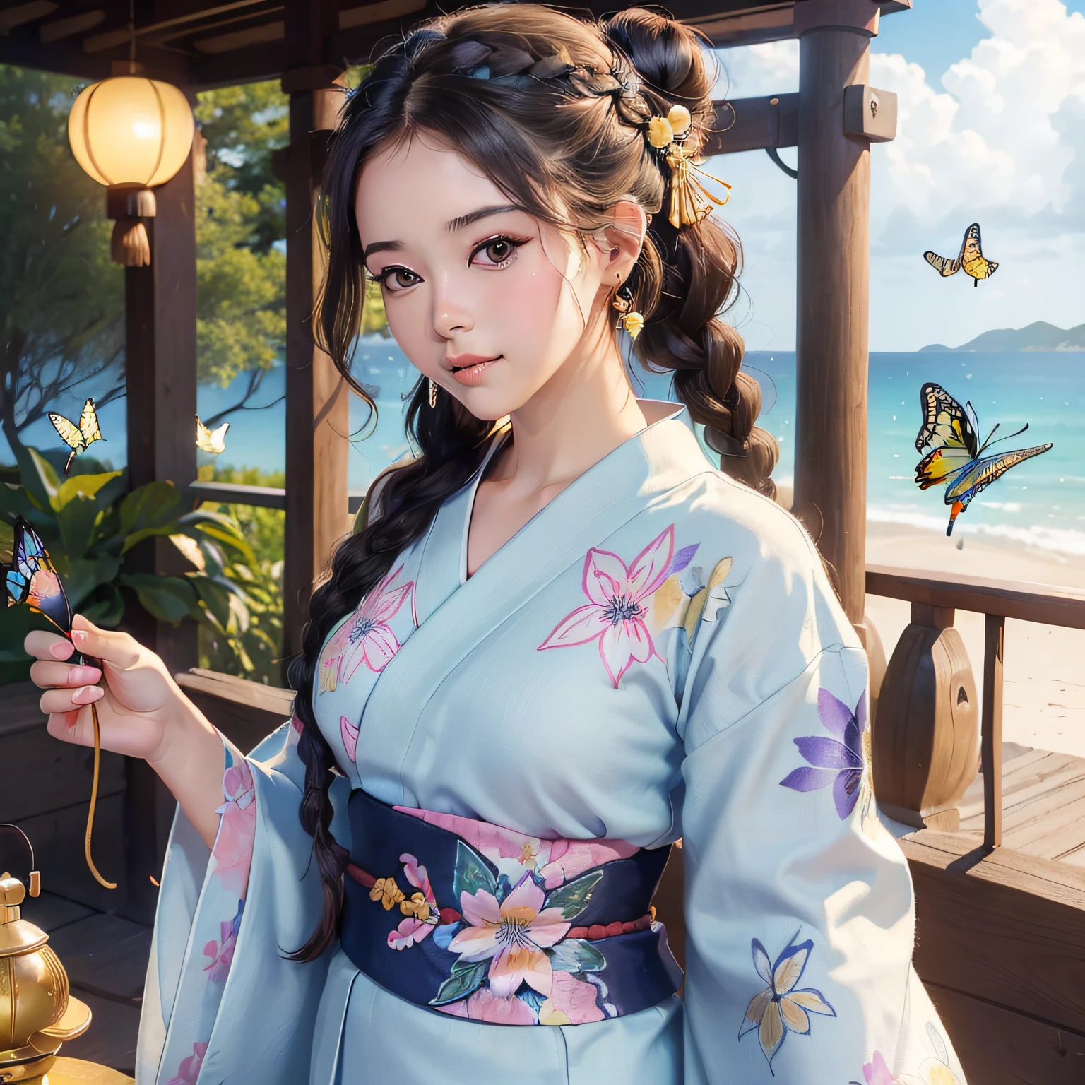 1girl with, ((masterpiece、top-quality、ultra-definition、hight resolution))、4K picture quality、((Beautuful Women))、22year old、wetted skin、radiant eyes、perfect eyes、(Beautiful Nordic sisters)、the beach,Background crowd、((Curly hair in braids、Bun1))、((facial close-up))、(((Wearing a bell sleeve yukata)))、((Yukata patterns range from fancy floral patterns to swallowtail butterflies..))、((Use primary colors for yukata colors))、((Wearing a fan))、Thin laughter with mouth closed、Looking at this、masterpiece、top-quality、ultra-definition、hight resolution))、4K picture quality、
