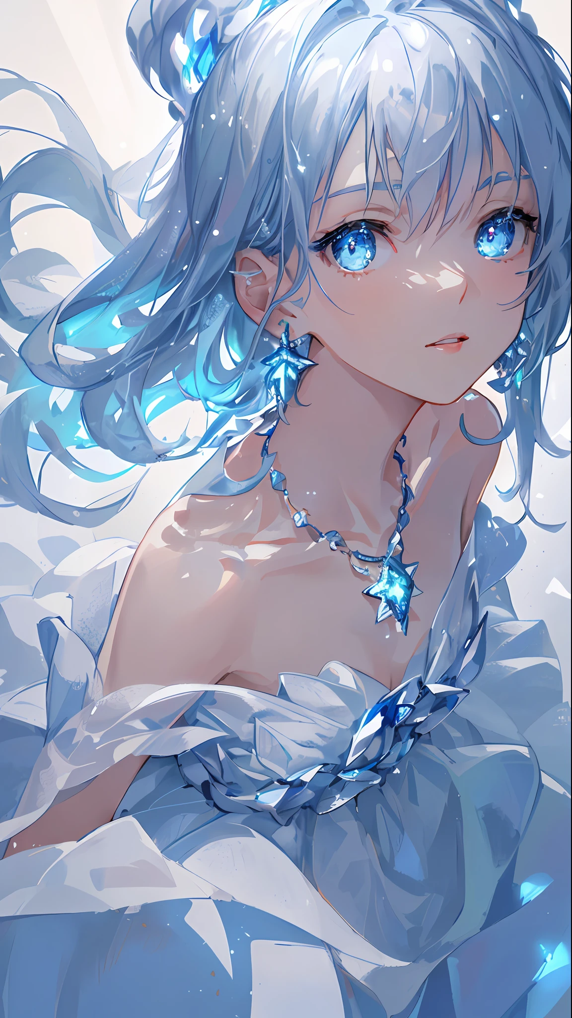 masterpiece, best quality, illustration, sax blue, platinum earrings, platinum necklace, white dress, 1girl, cute, (dynamic lighting:1.2), cinematic lighting, delicate facial features, detailed eyes, sharp pupils, realistic pupils, depth of field, bokeh, sharp focus, (hyper-detailed, bloom, glow:1.4), many small gems