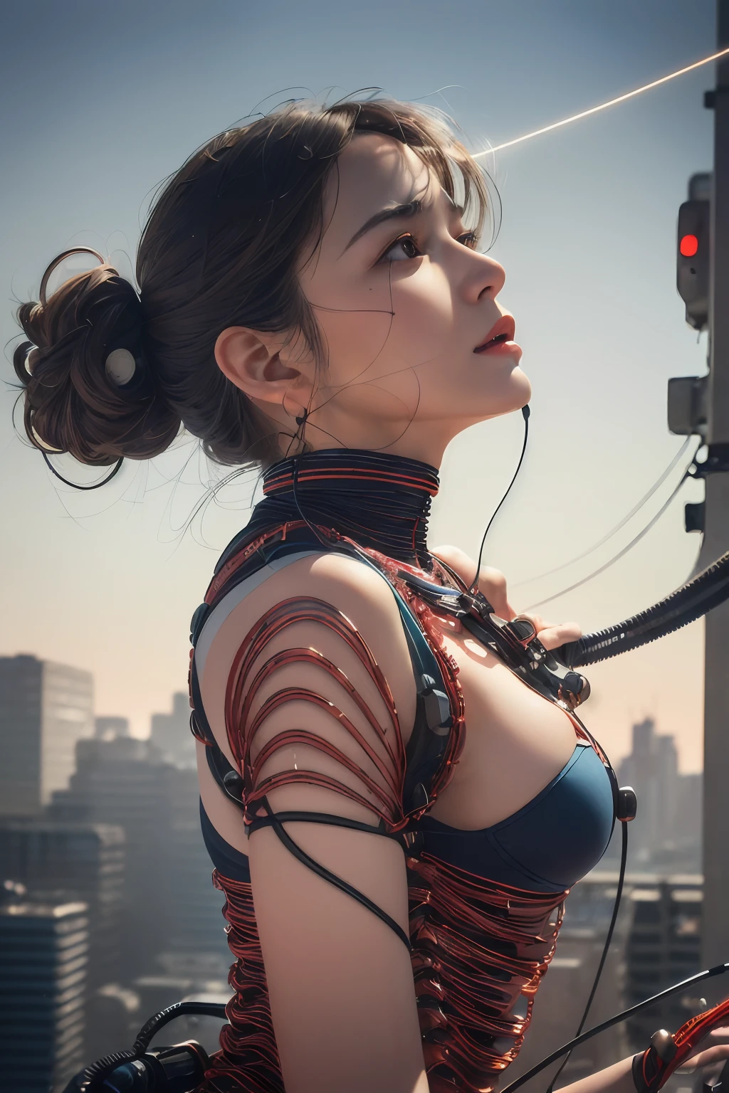 (((masterpiece))), (((best quality))), ((ultra-detailed)), (highly detailed CG illustration), ((an extremely delicate and beautiful)),(from side),cinematic light,((1mechanical girl)),solo,half body,(machine made joints:1.2),((machanical limbs)),(blood vessels connected to tubes),(mechanical vertebra attaching to back),((mechanical cervial attaching to neck)),(sitting),expressionless,(wires and cables attaching to neck:1.2),(wires and cables on head:1.2)(character focus),science fiction,city background, extreme detailed,colorful,highest detailed,(face shadow (extra detailed,best performance)), laser eyes (detailed red))fire in holes of hands)
