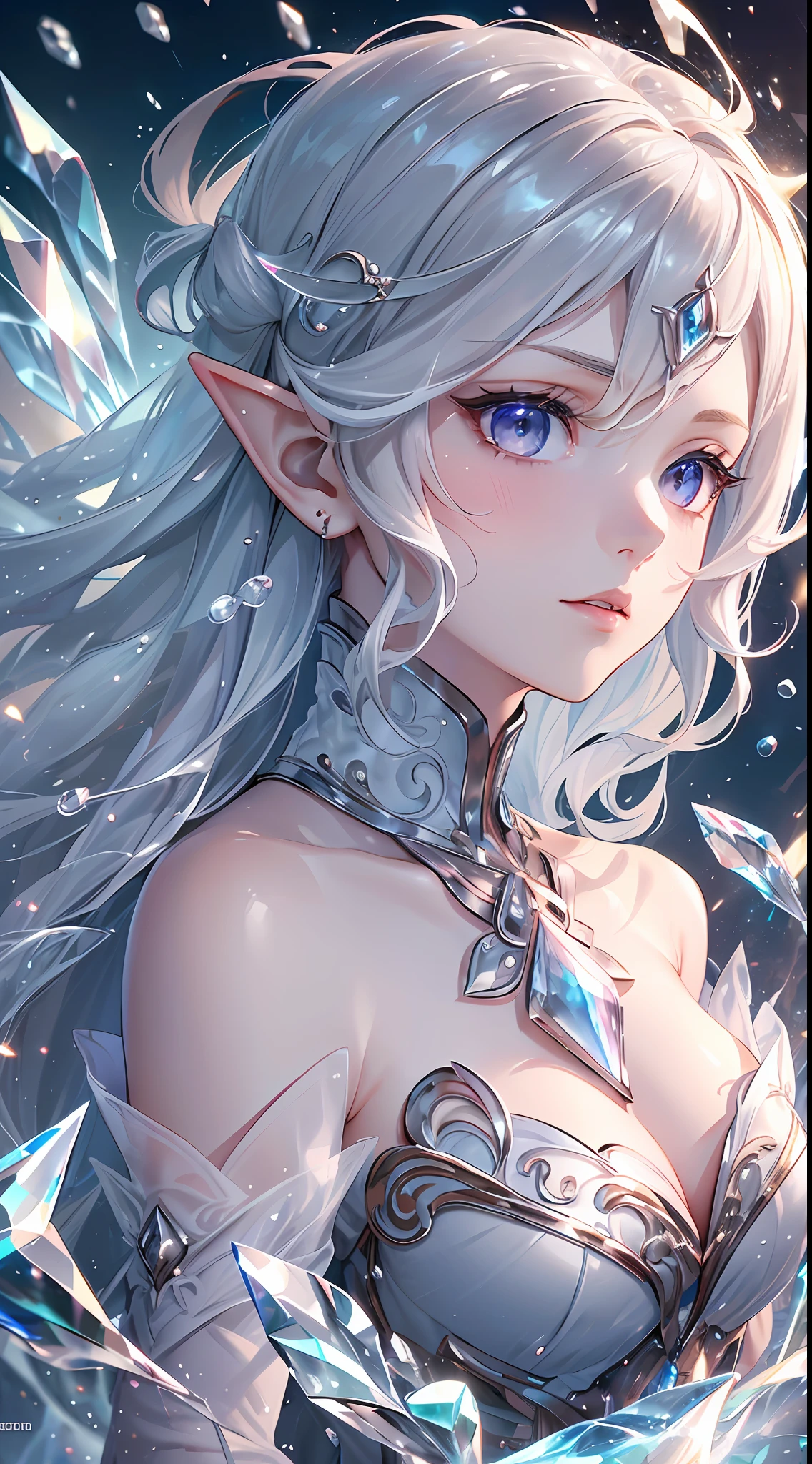 (Masterpiece, Top Quality, Best, Official Art, Beautiful and Aesthetic, Long Exposure: 1.2), Smooth Movement, Charming Patterns, 1 Girl, (Long Dress with Sleeves: 1.3), (((White Clothes) )), upper body close-up, bare shoulders, Chinese girl, blush, black lob hair, portrait, solo, upper body, looking at the observer, detailed background, detailed face, (crystallineAI, crystalline theme:1.1), elemental wind elves, rotation Wind, control the wind, white crystal clothing, dynamic pose, floating particles, ethereal dynamics, whirlwind, vapor, whirlwind in the background, white tone, whirlwind, ethereal atmosphere,