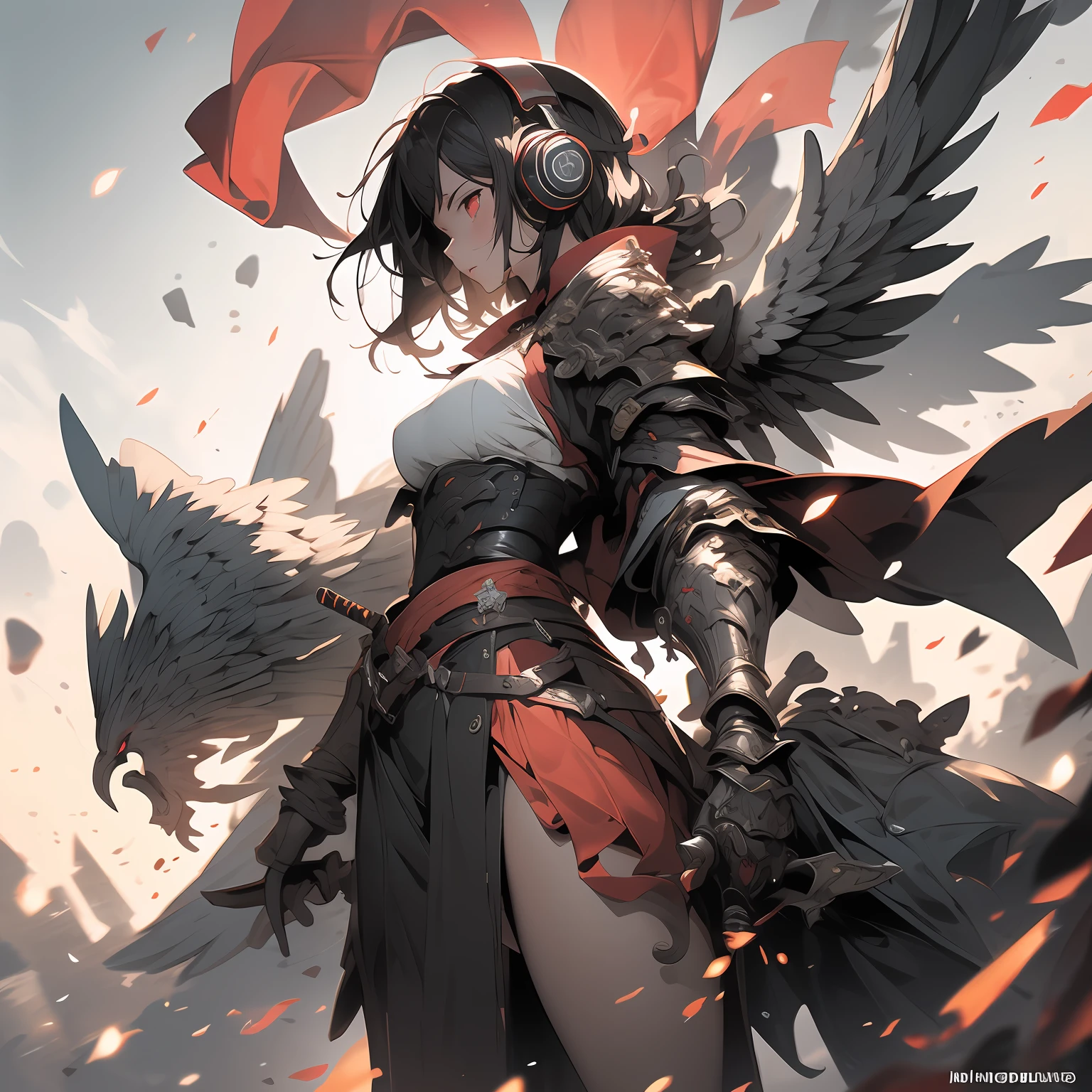 ((holy Angel)),Create an AI illustration of a young girl with black short hair, shiny hair, colored inner hair, floating hair, red eyes, (eyepatch), and headphones. She resembles a samurai, (She wears Japanese armor), She wears armor while pairing it with a miniskirt, showcasing her unique style. Please generate the illustration in the highest quality possible. oblique view view, facial profile, hyper detailed, intricate detailed, Wide shot of ruins, in a photorealistic 4DCG style.