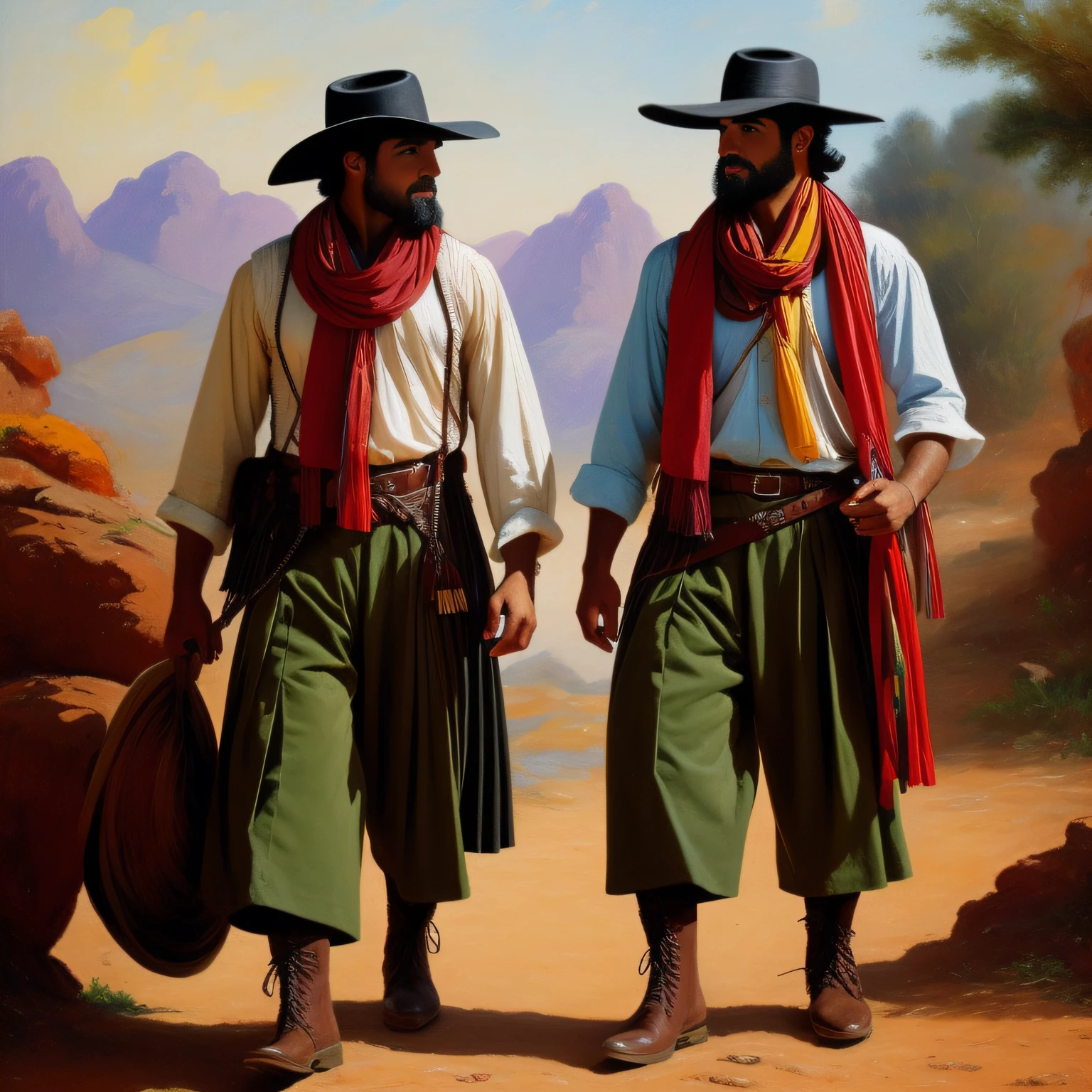 A gaucho wearing bombachas (Wide pleated pants), scarf around the neck, hat and leather boots.: "impressionismo", com cores vibrantes bem definidas em 8K. Paint so that characters are easily recognizable and reveal the perfection of the characters' facial expressions.