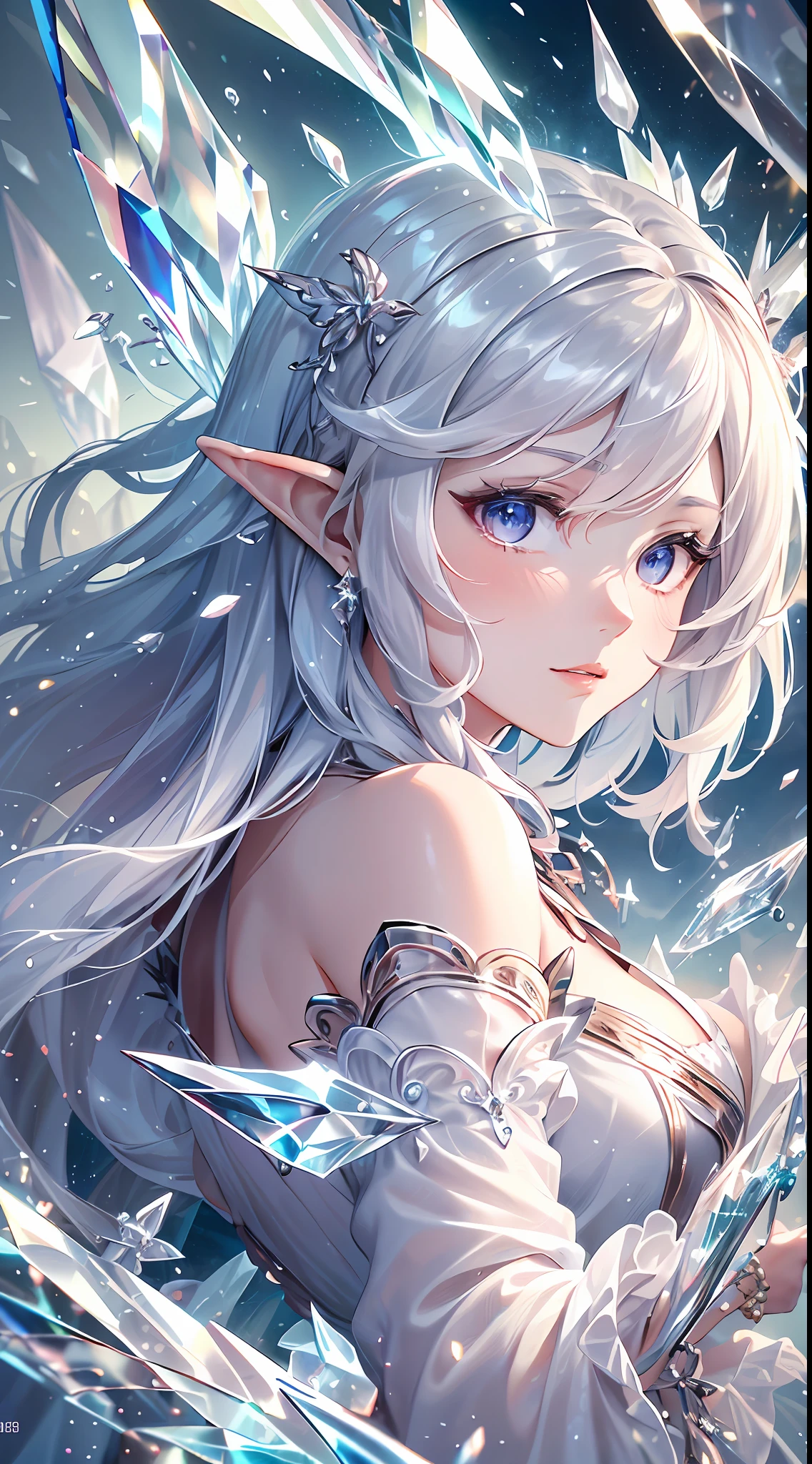 (Masterpiece, Top Quality, Best, Official Art, Beautiful and Aesthetic, Long Exposure: 1.2), Smooth Movement, Charming Patterns, 1 Girl, (Long Dress with Sleeves: 1.3), (((White Clothes) )), upper body close-up, bare shoulders, Chinese girl, blush, black lob hair, portrait, solo, upper body, looking at the observer, detailed background, detailed face, (crystallineAI, crystalline theme:1.1), elemental wind elves, rotation Wind, control the wind, white crystal clothing, dynamic pose, floating particles, ethereal dynamics, whirlwind, vapor, whirlwind in the background, white tone, whirlwind, ethereal atmosphere,