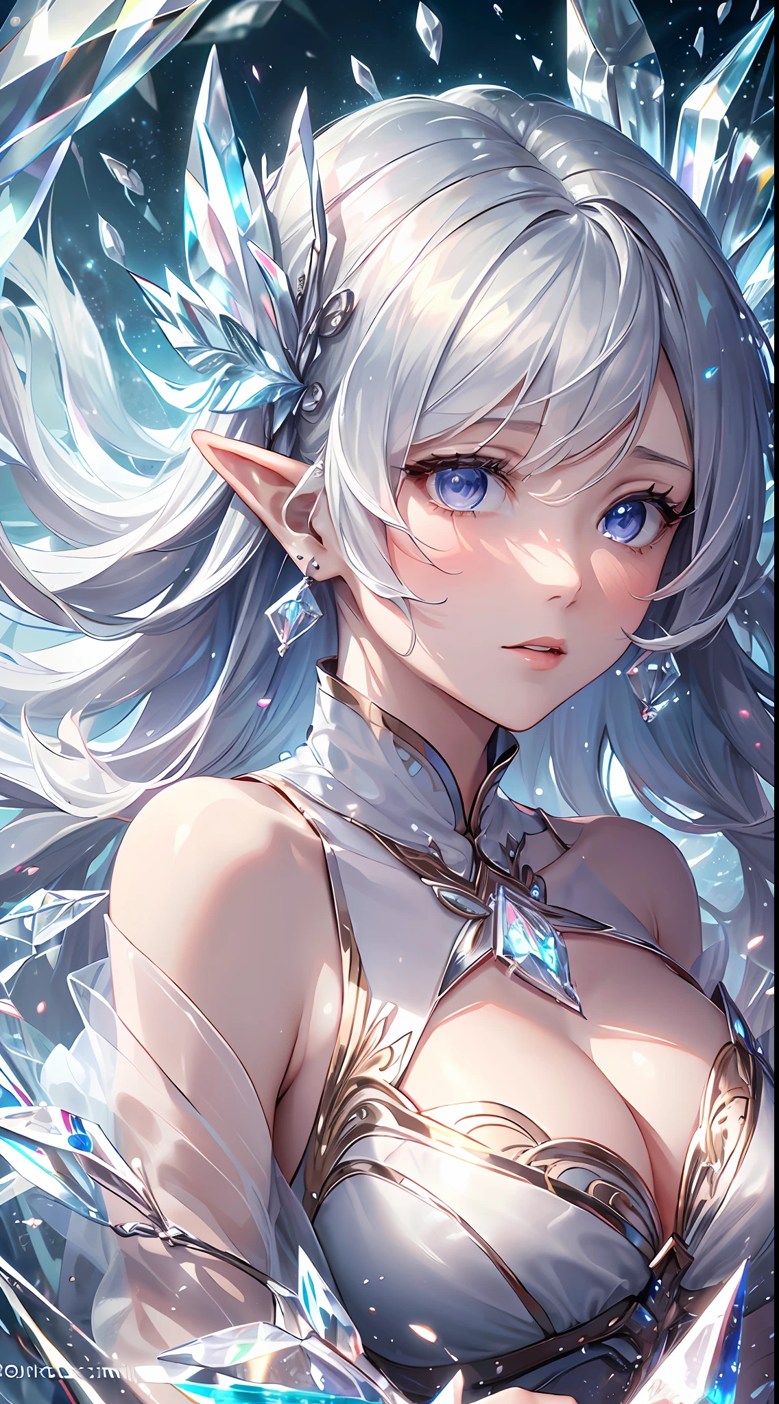 (Masterpiece, Top Quality, Best, Official Art, Beautiful and Aesthetic, Long Exposure: 1.2), Smooth Movement, Charming Patterns, 1 Girl, (Long Dress with Sleeves: 1.3), (((White Clothes) )), upper body close-up, bare shoulders, Chinese girl, blush, black lob hair, portrait, solo, upper body, looking at the observer, detailed background, detailed face, (crystallineAI, crystalline theme:1.1), elemental wind elves, rotation Wind, control the wind, white crystal clothing, dynamic pose, floating particles, ethereal dynamics, whirlwind, vapor, whirlwind in the background, white tone, whirlwind, ethereal atmosphere,