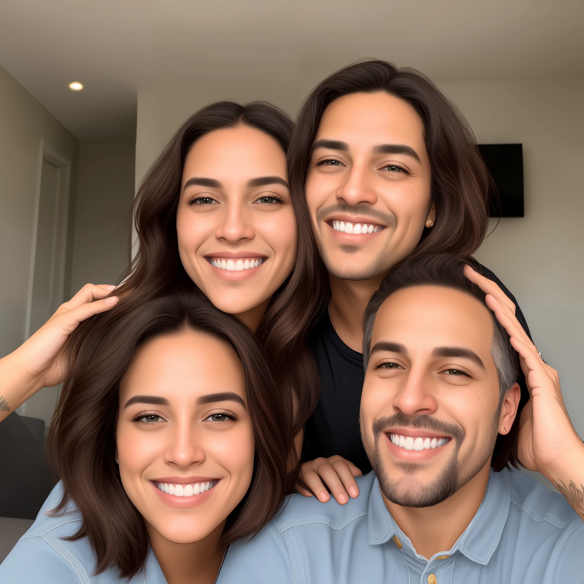 Homem moreno pardo, usando aparelo sorrindo, careca raspado,  barba cerrada por fazer, com namorada morena parda, cabelo preto liso, boca barom vermelho, filha pequena cabelos pretos lisos enrolados, morena parda todos no sofa rindo e interagindo, um gato siames de olhos azuis no chao vendo a familia. Ultra realista 8k