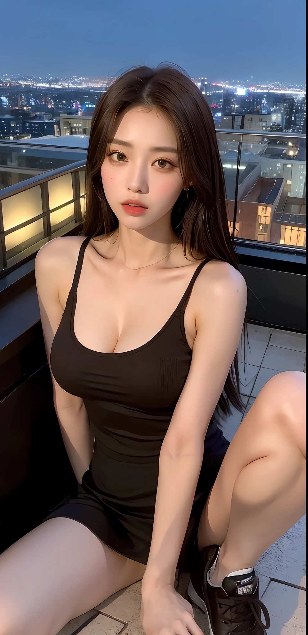 ((Midnight, Best quality, 8k, Masterpiece :1.3)), Whole body, Long legs, Sharp focus :1.2, A pretty woman with perfect figure :1.4, Slender abs, slender thigh :1.1, ((Dark brown hair, Big breasts :1.2)), (tanktop, skirt, sneakers: 1.2), ((Night city view, Rooftop:1.3)), Highly detailed face and skin texture, Detailed eyes, Double eyelid, close up, seducing