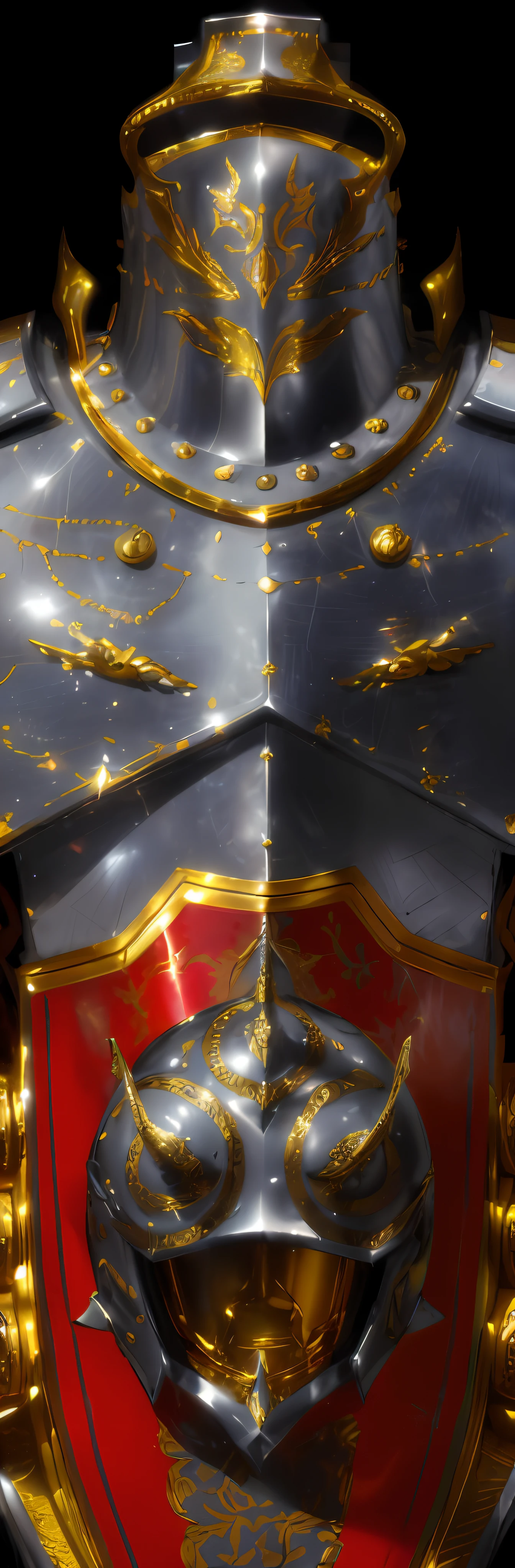 Close-up of helmet with gold and red design, Cracks in the armor, Silver armor，Thin gold trim, Silver armor，golden trim, Intricate armor details, Aging armor plating, exquisite helmet detail, unreal detail, hand painted textures on model, hyperdetailed metalwork, photogenic details on armor, Silvertone，golden trim, detailed intricate ornate armour
