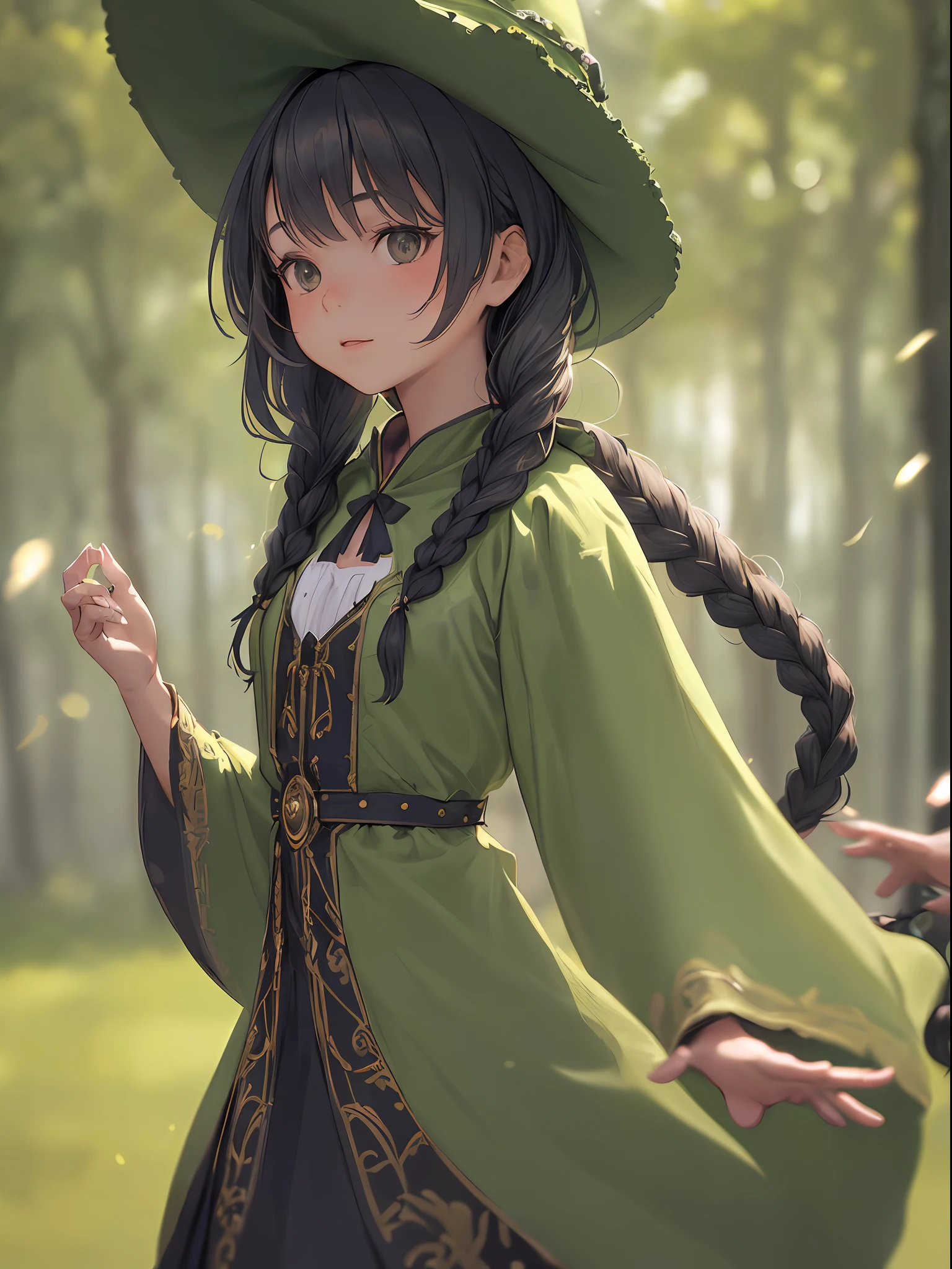 (Cute girl with braids in simple green witch big hat), (Cute girl about ), Play the lute, (masutepiece), (very intricate:1.3), (Realistic), portrait of girl, the most beautiful in the world, (Simple Green Witch Robe) , Upper body, ln the forest, Intense sunlight, Professional photo details of stunning girls, Dramatic, awardwinning, Cinematic lighting, Volumetrics DTX, (filmg, Blurry background, Blurred foreground, Bokeh, depth of fields, Motion Blur:1.3) Realism,Oversized shirt, A dark-haired,Chibi,Black eyes,(Light effect in sparkling air)