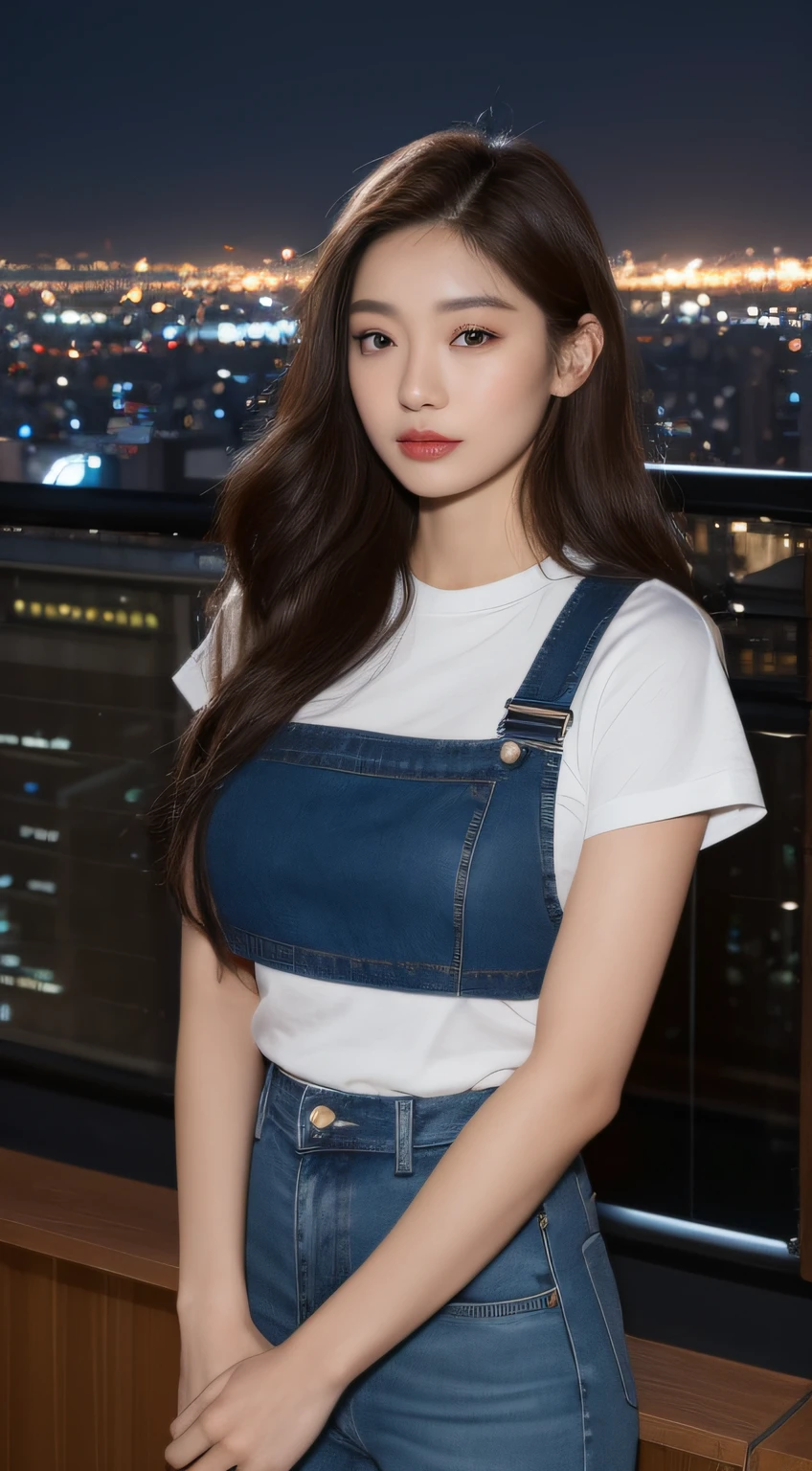 ((Midnight, Best quality, 8k, Masterpiece :1.3)), Whole body, Long legs, Sharp focus :1.2, A pretty woman with perfect figure :1.4, Slender abs :1.1, ((Dark brown hair, Big breasts :1.2)), (White tight tshirt, Jean bib, Standing:1.2), ((Night city view, Rooftop:1.3)), Highly detailed face and skin texture, Detailed eyes, Double eyelid