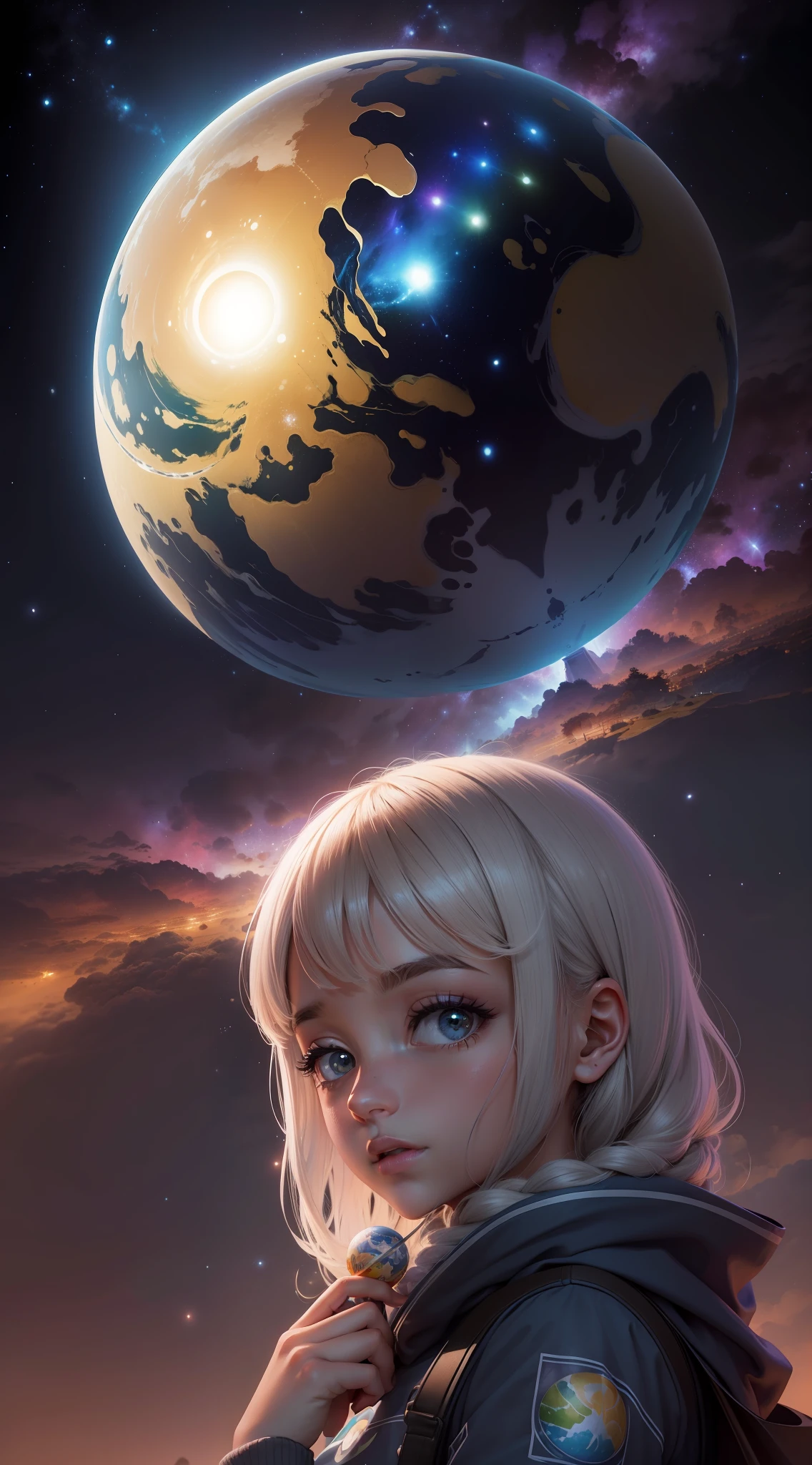 Planeta terra, globo, com luzes brilhantes, noite, visto do alto, pontos brilhantes, galaxias, Obra-prima, melhor qualidade, (papel de parede 8k de unidade CG muito detalhado) (melhor qualidade), (best illustration), (melhores sombras)