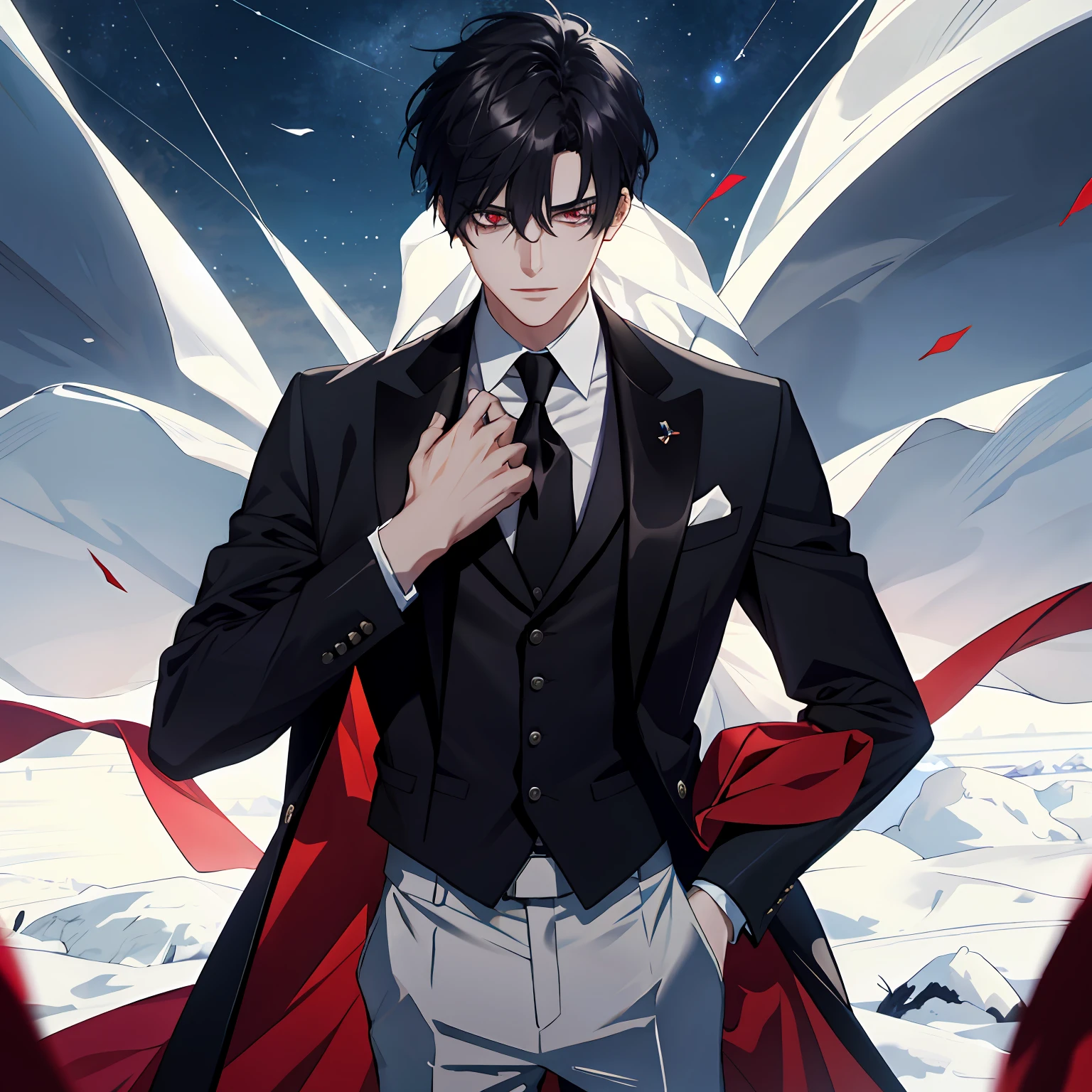 tmasterpiece，best qualtiy，1boys，Handsome，with short black hair，Red pupils，White gold tunic，Business suit ，Best light and shadow，eventide，Details sunshine，Open-mouthed，magia，streamer，full bodyesbian，Dark skies，nigth ，火焰，salama，Ice and snow ，Extremely detailed CG unified 8K wallpaper，Complicated details，