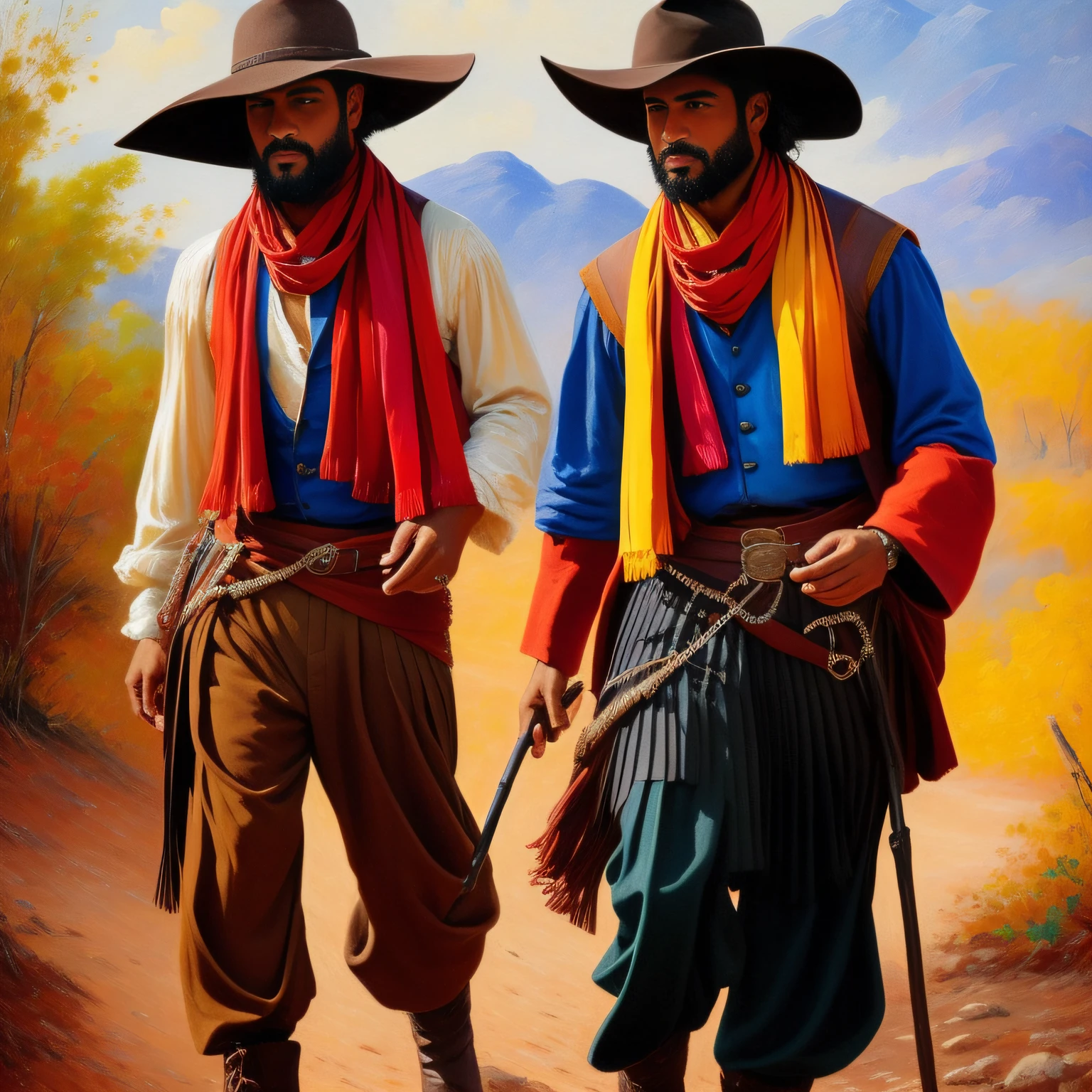 A gaucho wearing bombachas (Wide pleated pants), scarf around the neck, hat and leather boots.: "impressionismo", com cores vibrantes bem definidas em 8K. Paint so that characters are easily recognizable and reveal the perfection of the characters' facial expressions.