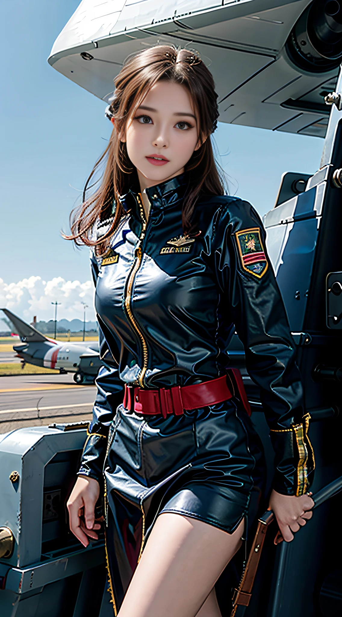 Arad woman standing in front of airplane in military uniform, inspired by portrait of Jill Elfgren, tumblr, fantastic realism, girl with warship parts, pilot costume, perfect military composure, in full military uniform, cute pilot girl, pilot girl, in military uniform, military girl, charming and seductive, 70s jet fighter pilot girl, korean female fashion model, good hips and long legs