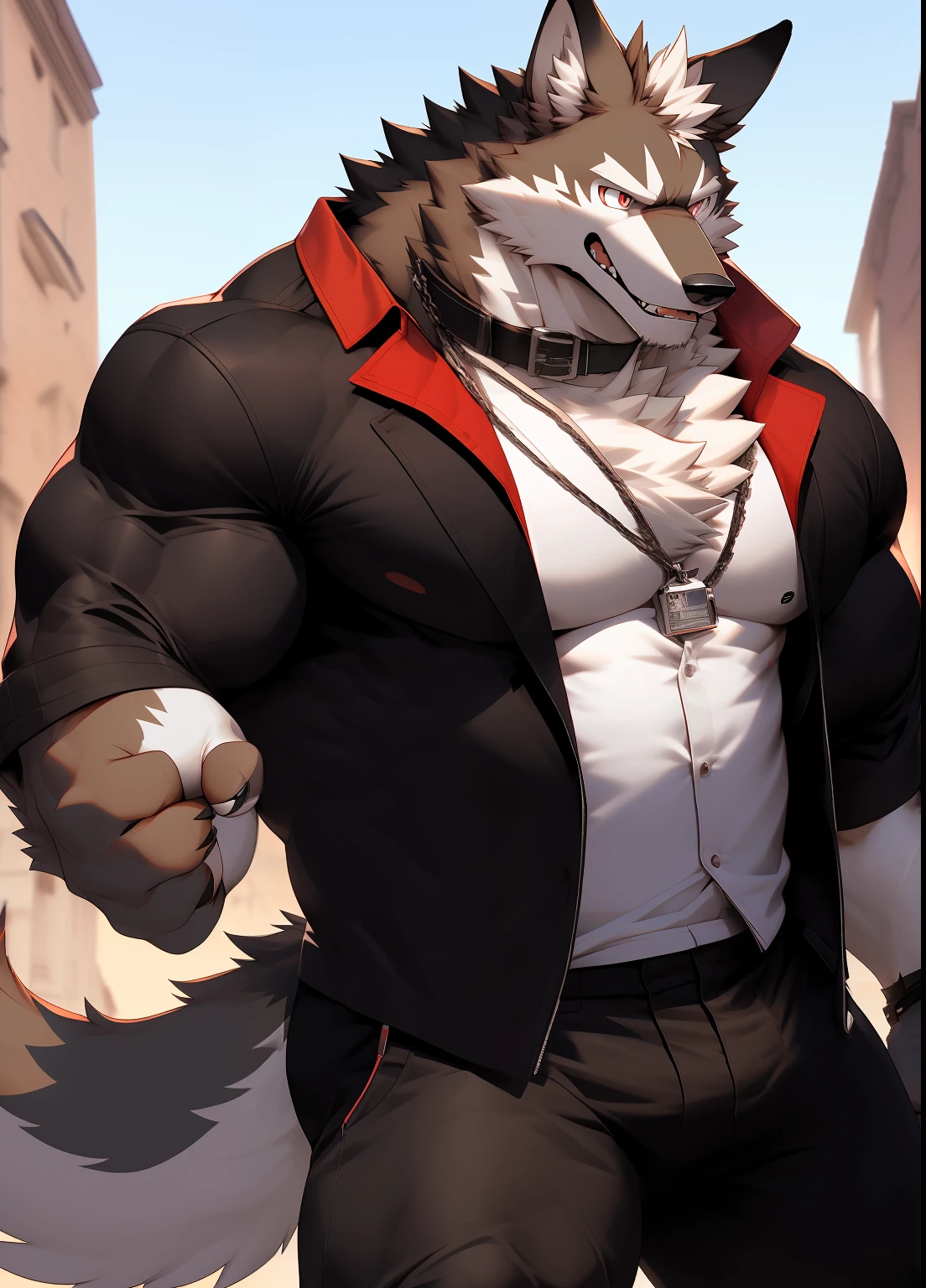 nj5furry，（（coyote，nakeness）），White fur，red color eyes，male people，Black collar，musculature（（Extremely realistic shadows，tmasterpiece，extremely detaile，Photorealsitic）），
，strong，Mature male，dynamicposes