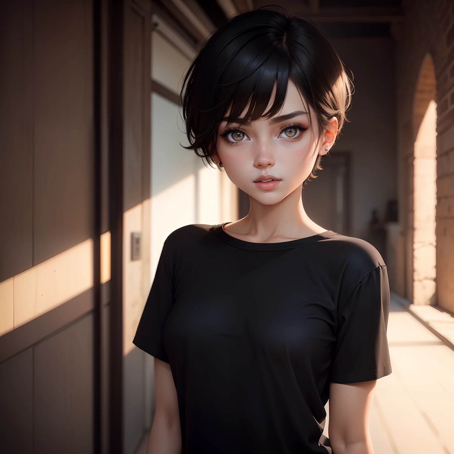 Girl with a short haircut and light hair, Amber eyes dressed in a black T-shirt
