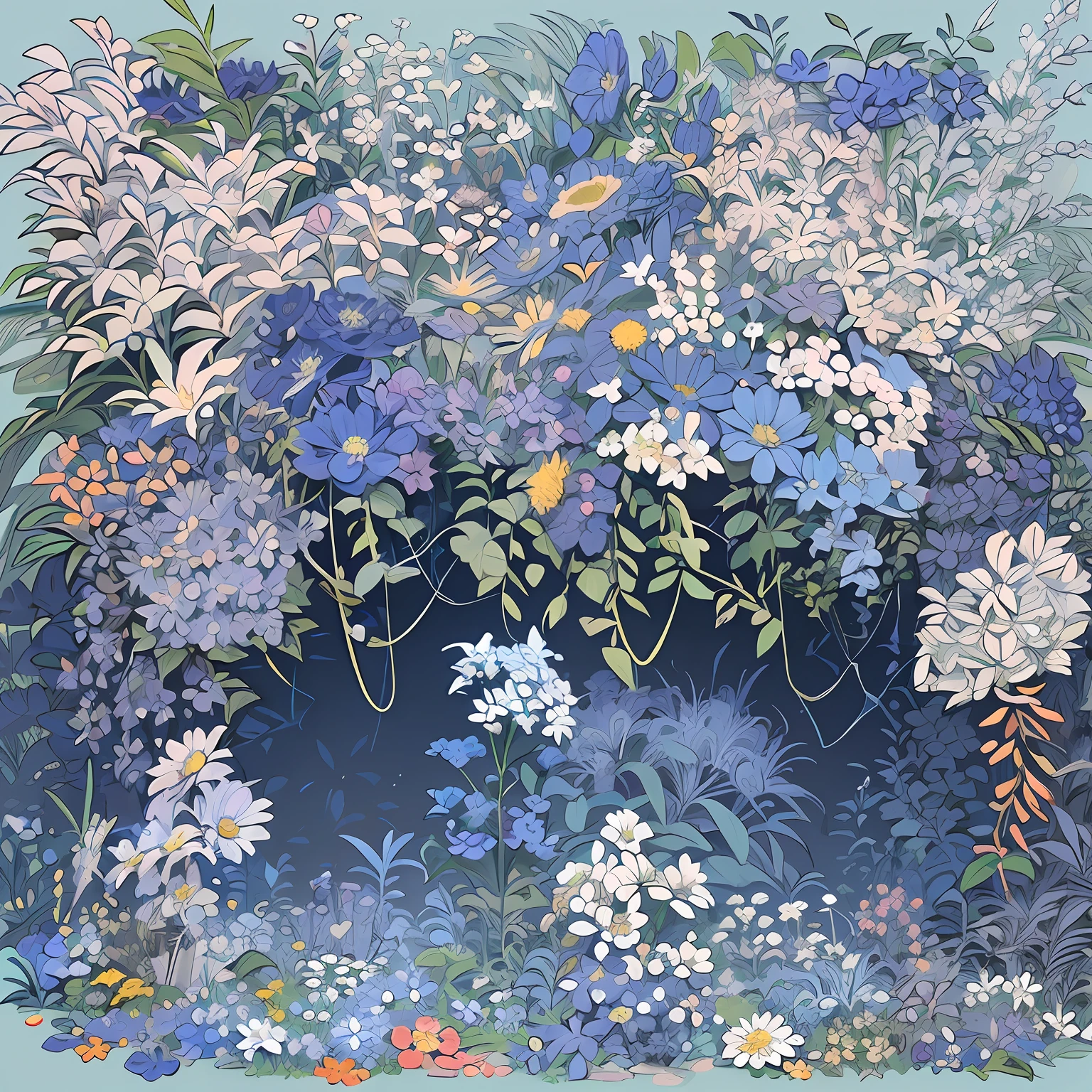 [(​masterpiece, Planar configuration, level, vertical, Equal spacing, Graphic Design)], [(a lot of small flowers, Composition with depth, Flowers bloom all over the screen, Floral motifs spaced across the screen, Vertical green stems are、From top to bottom of the screen、Sparse left-right spacing and depth spacing., lily flowers, gerbera)], [((Light blue-gray solid color background))],